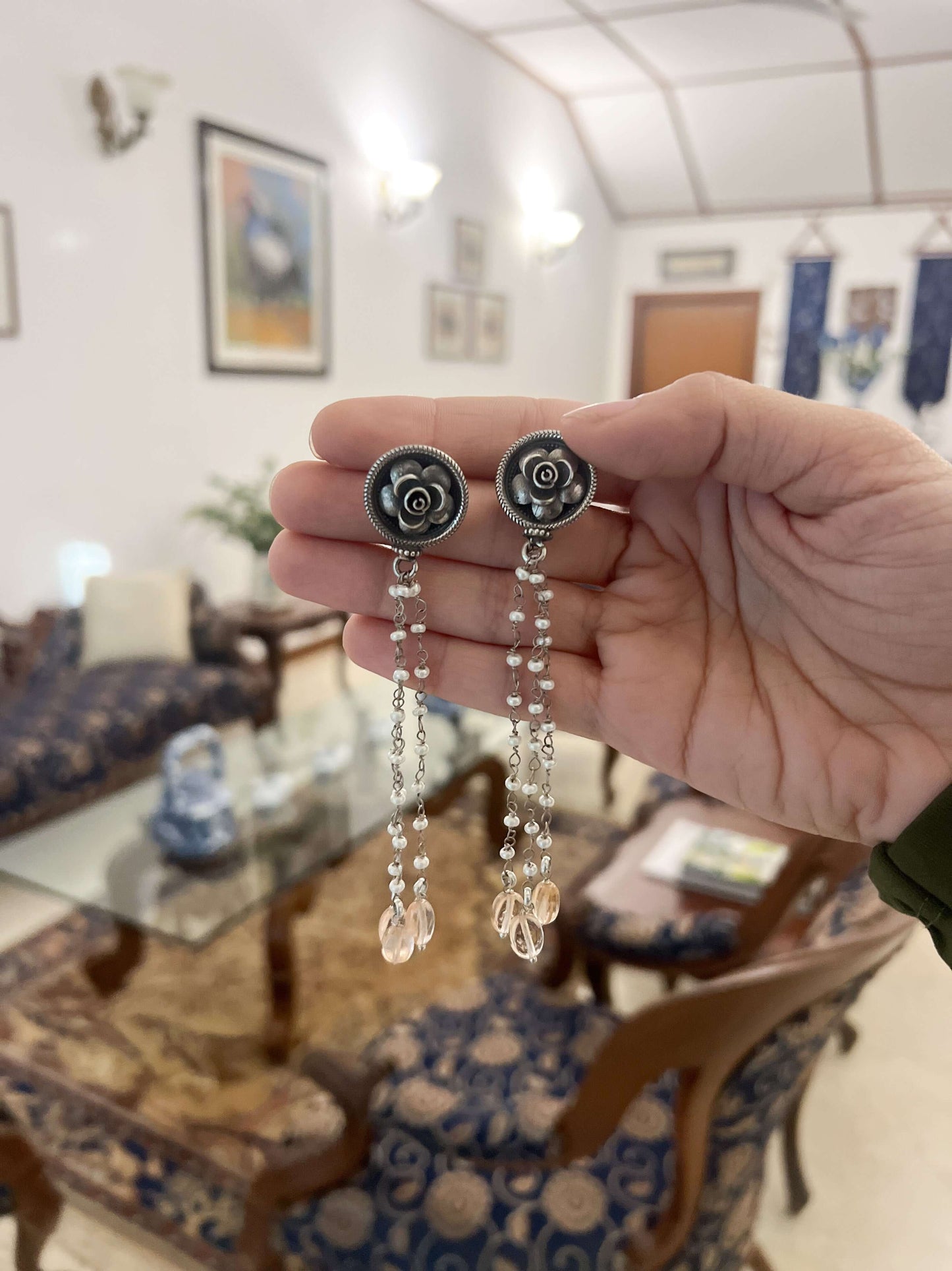 Charulata danglers in silver with pearl chains