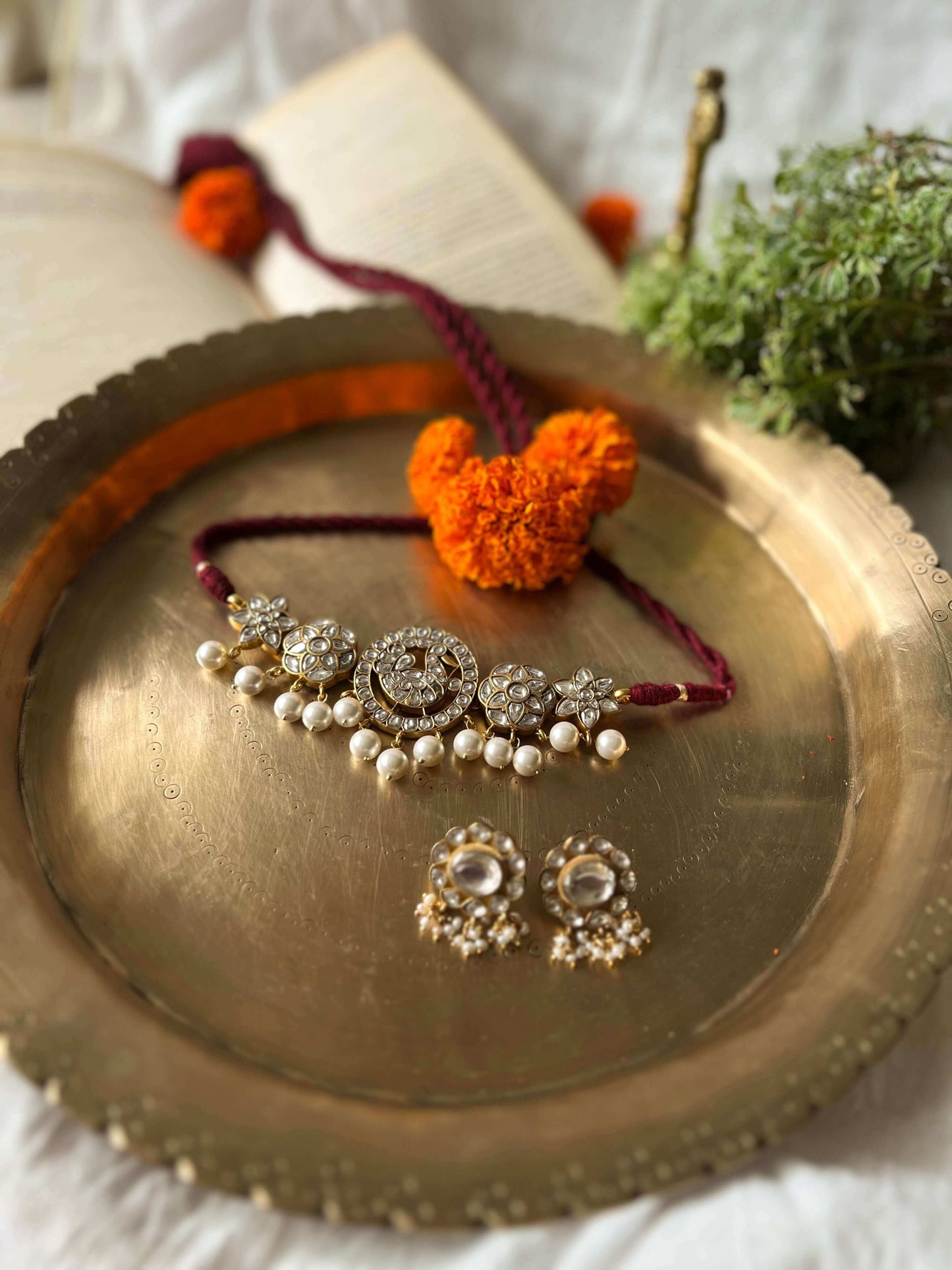 Sanvitha gold plated silver necklace set in polki and pearl