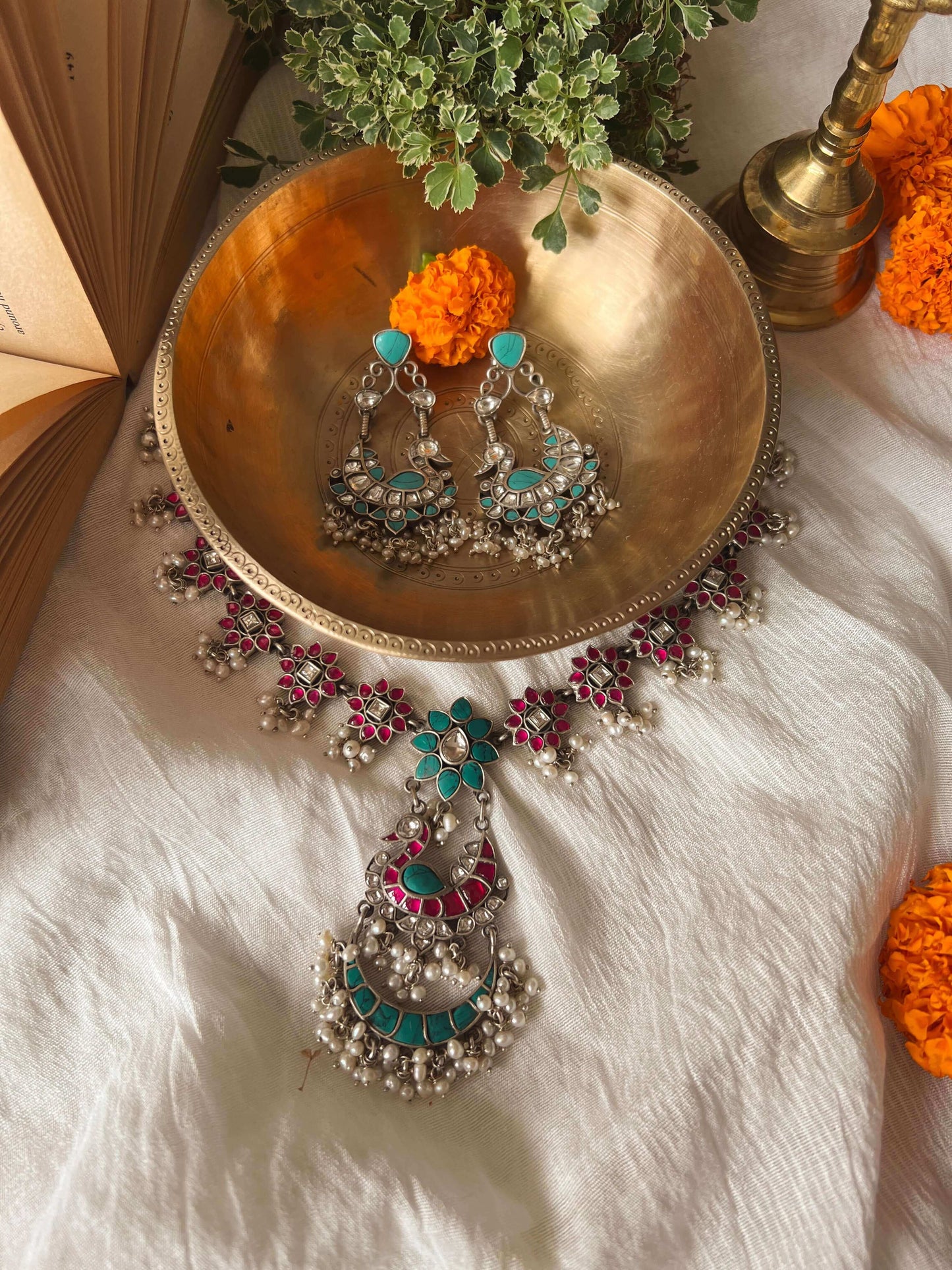Samruddhi silver necklace set with turquoise and ruby pink kundan
