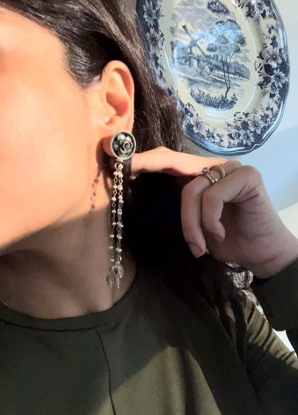 Charulata danglers in silver with pearl chains