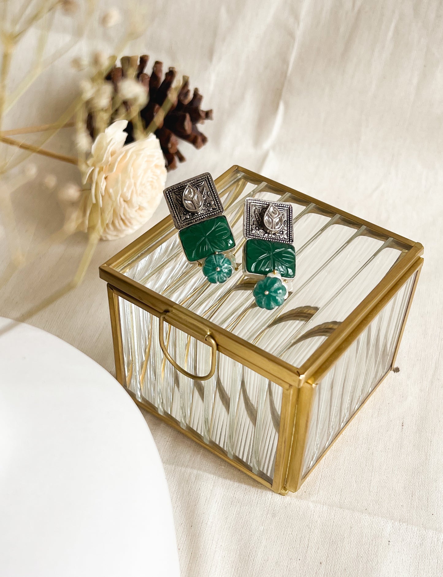 Manjari oxidised silver earring with jade stone detail
