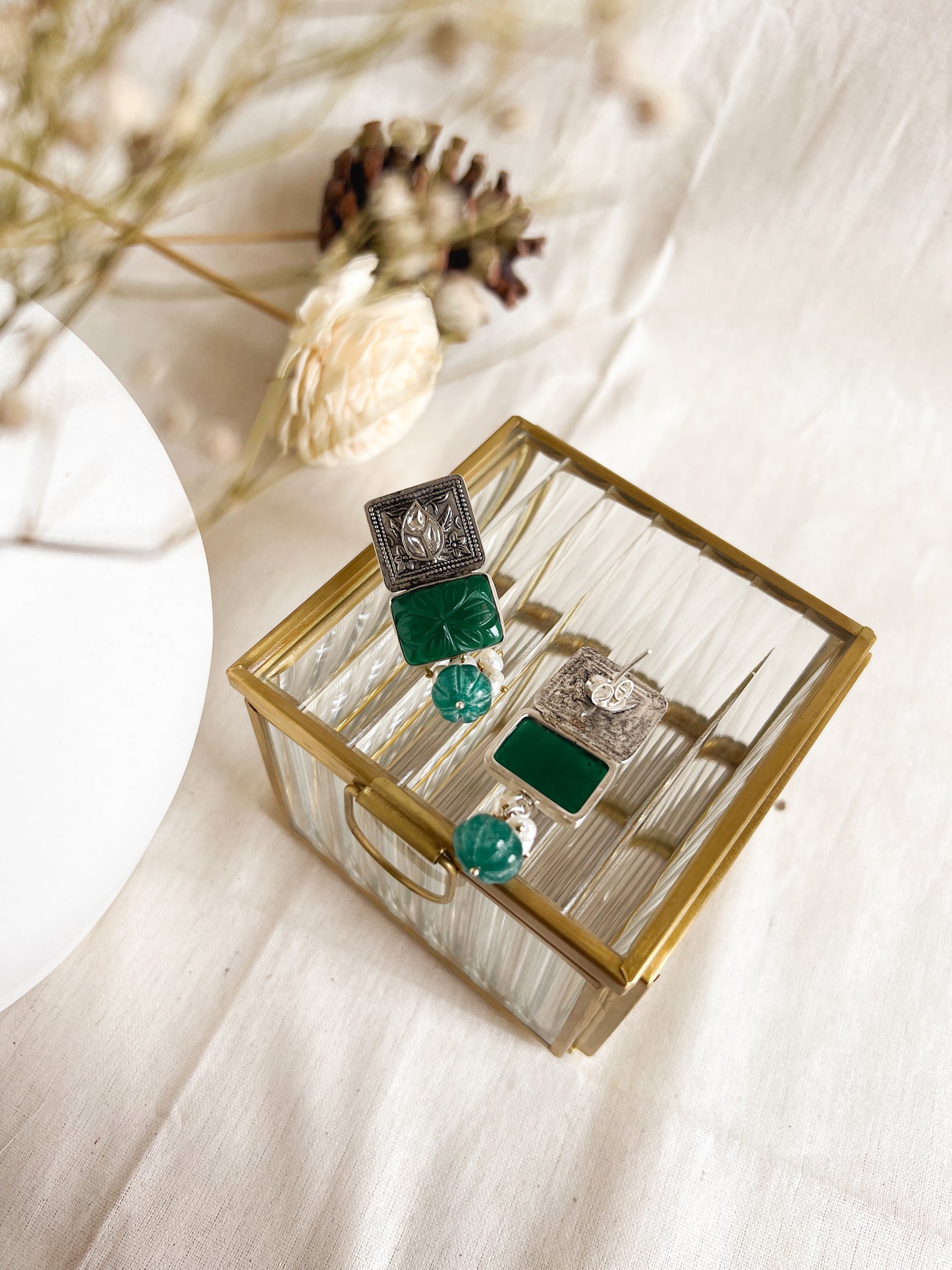 Manjari oxidised silver earring with jade stone detail