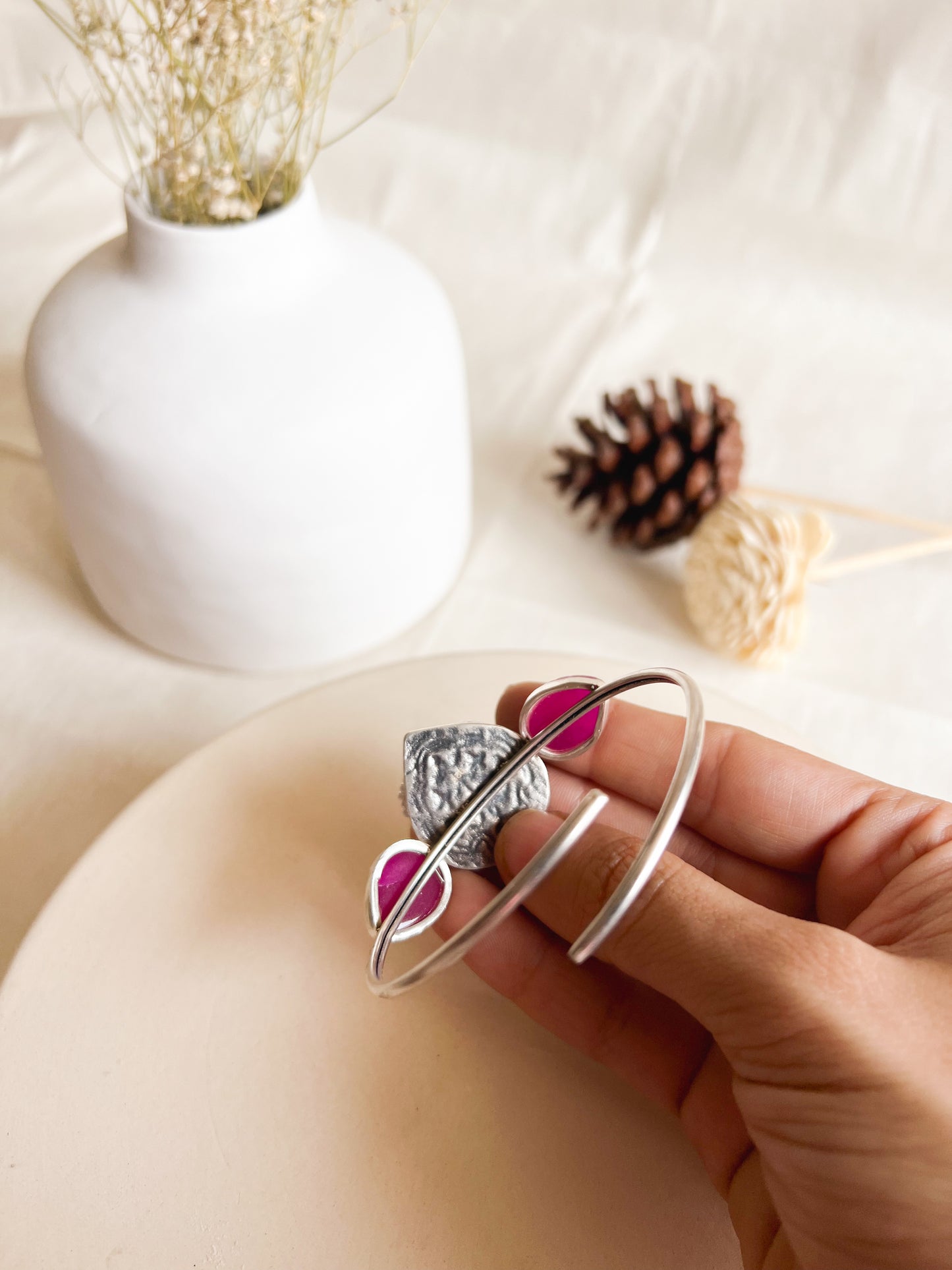 Suvarna silver kada with turq and pink ruby stone detail
