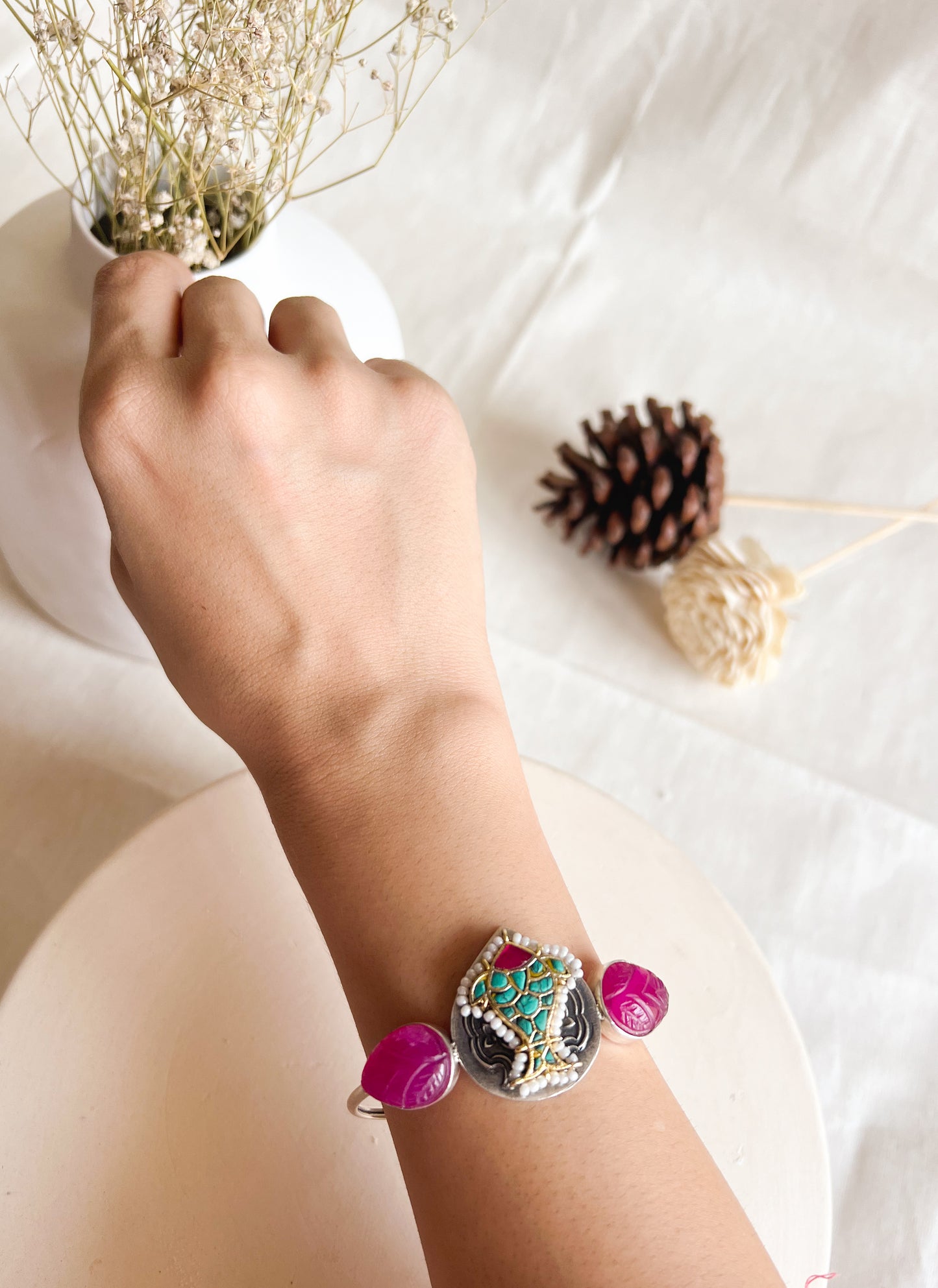 Suvarna silver kada with turq and pink ruby stone detail