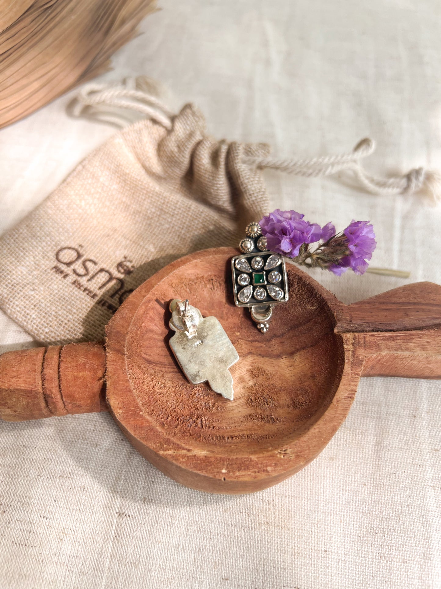 Sathiya square studs in sterling silver with kundan detail