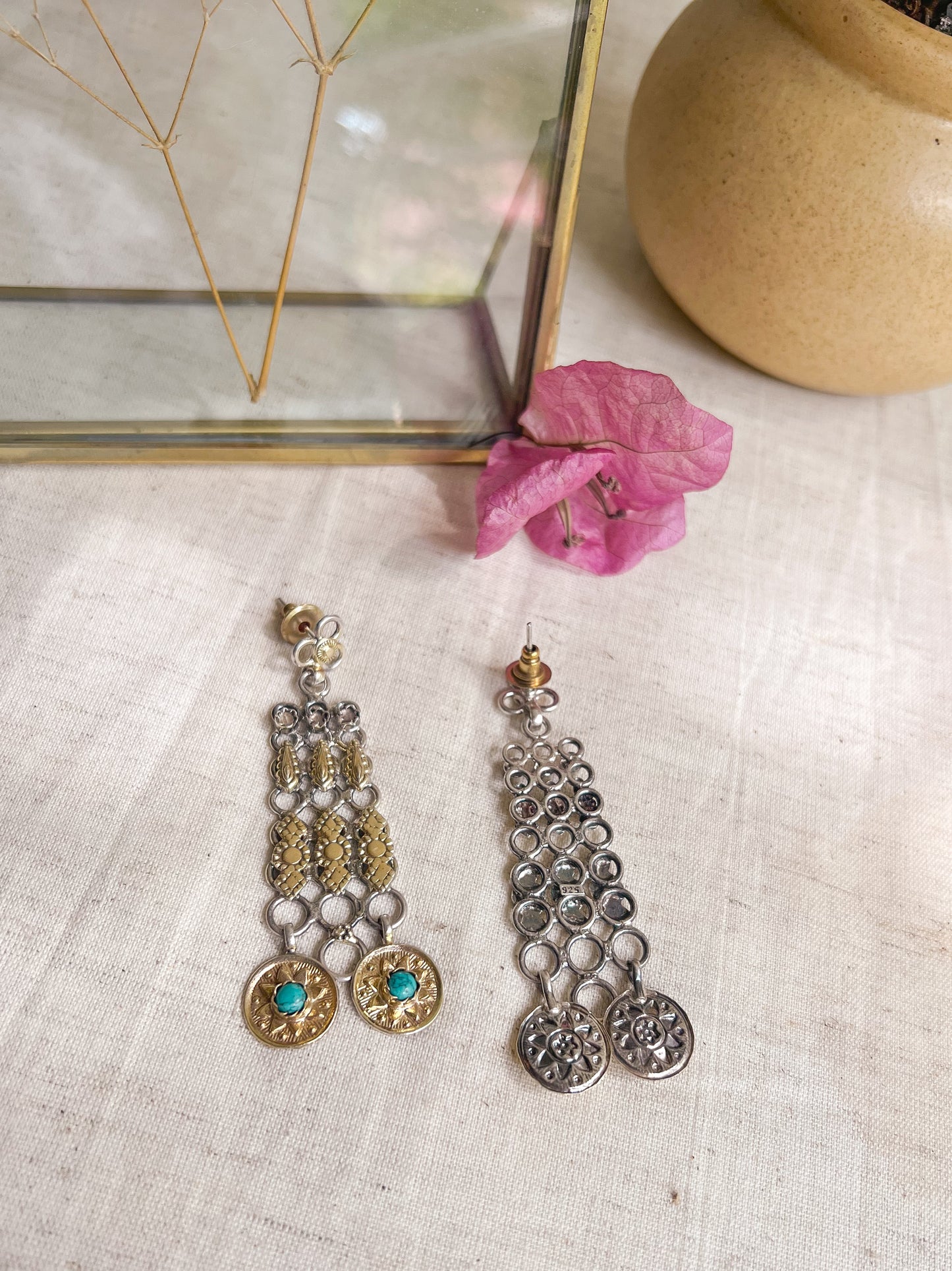 Mudra dual tone silver danglers with turquoise stones