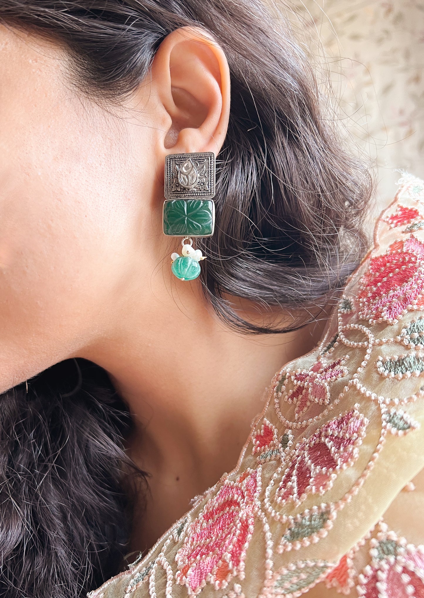 Manjari oxidised silver earring with jade stone detail