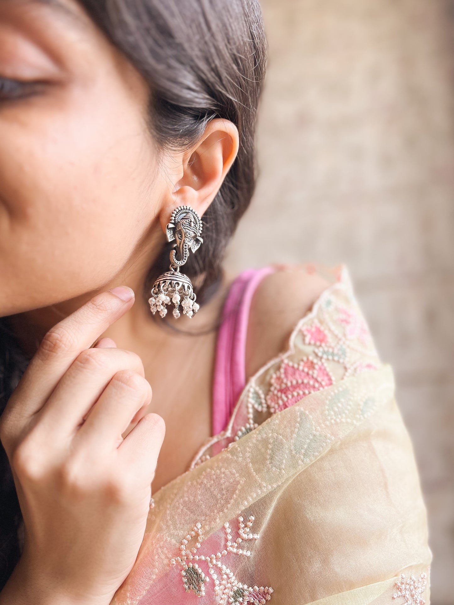 Ameya silver jhumka with pearl detail