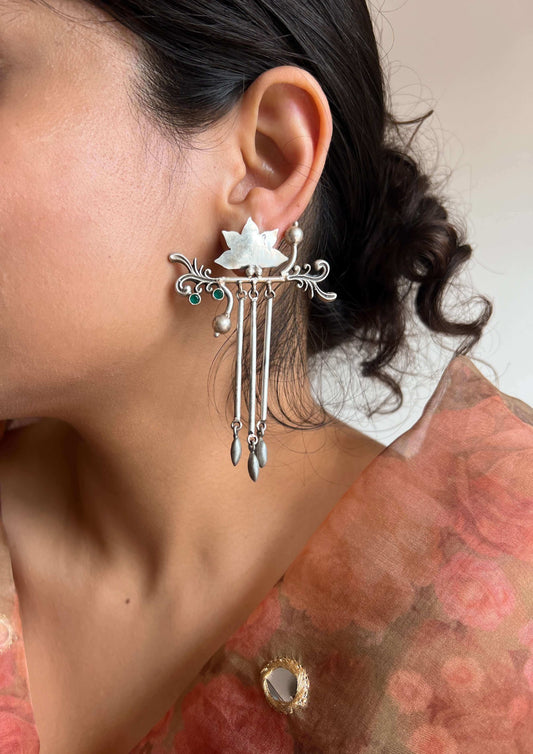 Arundhati silver lotus danglers with emerald stone