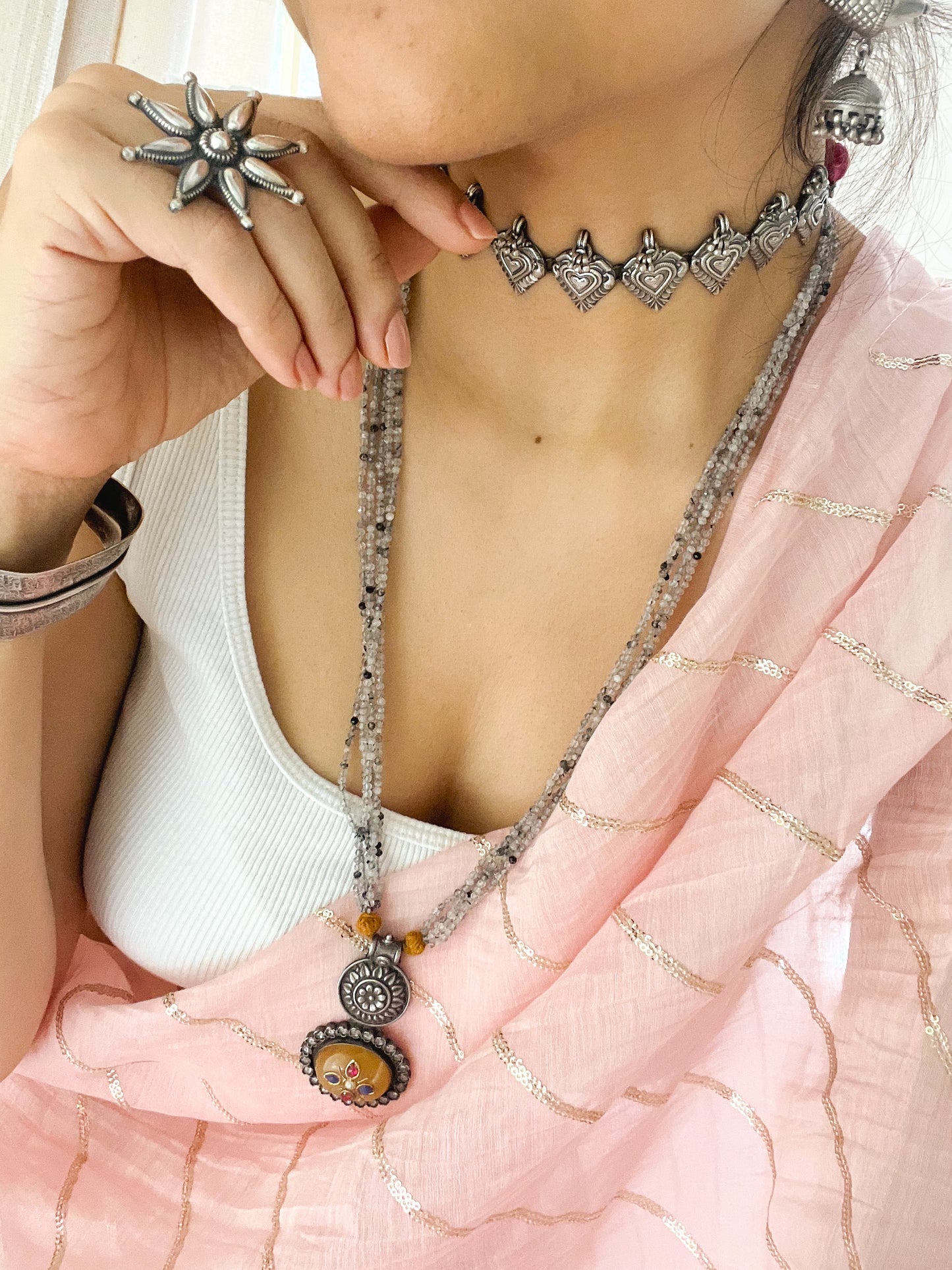 Baadal oxidised silver long necklace with yellow jasper stone