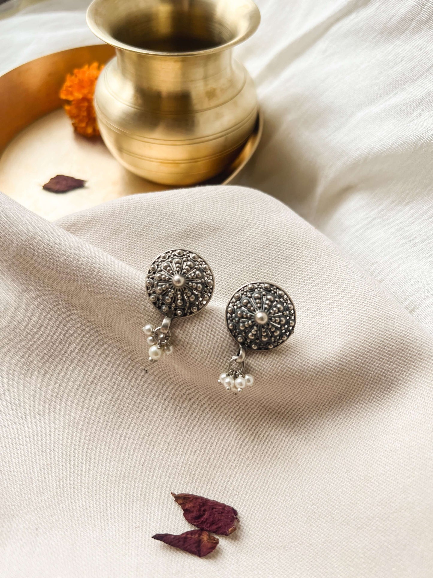 Chakra oxidised silver studs with cluster pearls