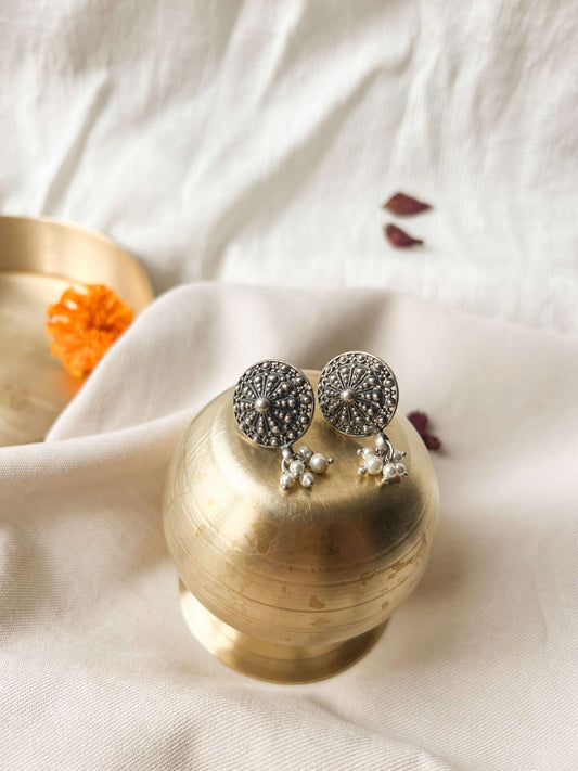 Chakra oxidised silver studs with cluster pearls