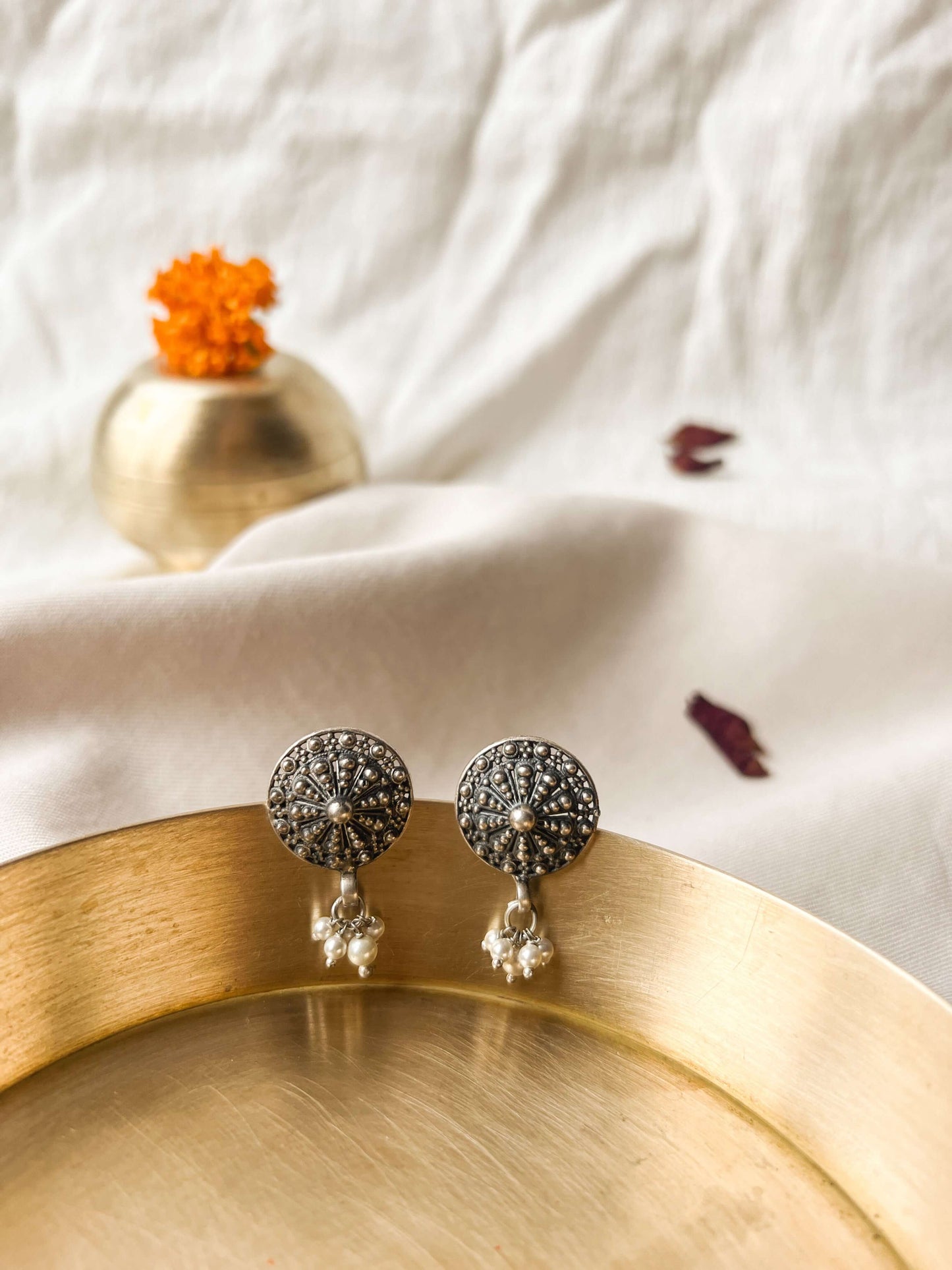 Chakra oxidised silver studs with cluster pearls