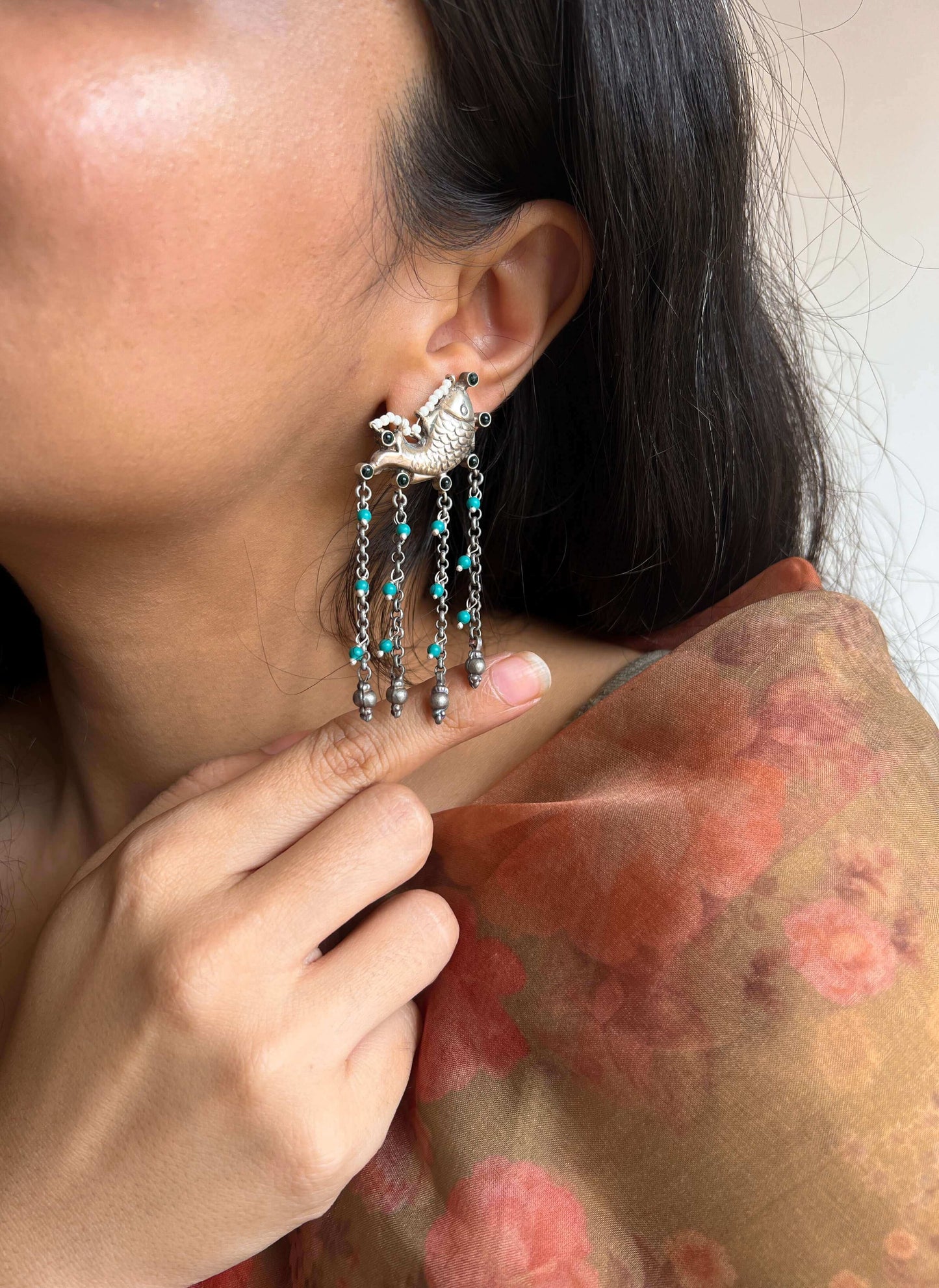 Sagarika oxidised danglers with turquoise beads and pearls