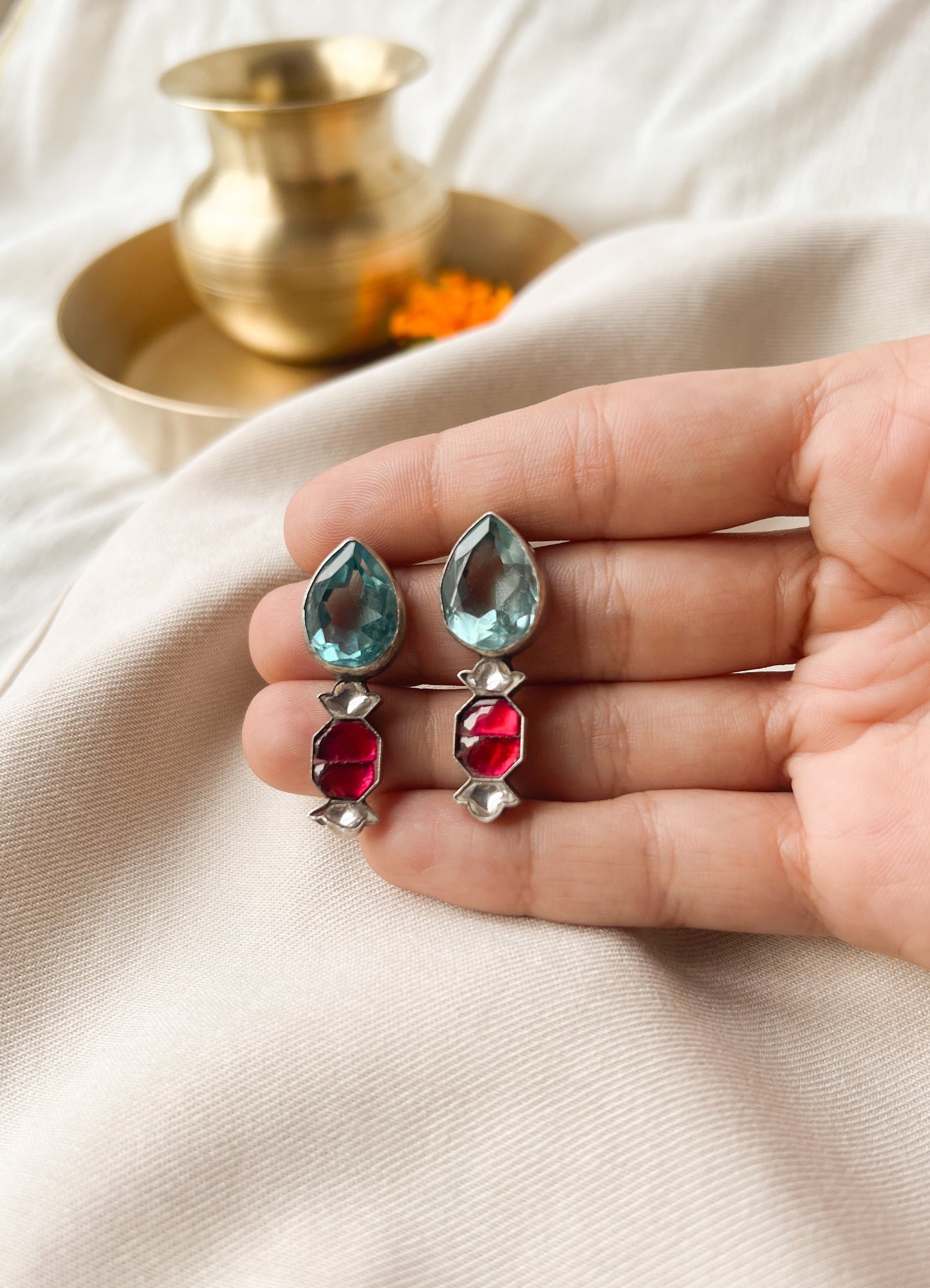 Lavanya stud with aquamarine crystal and ruby onyx
