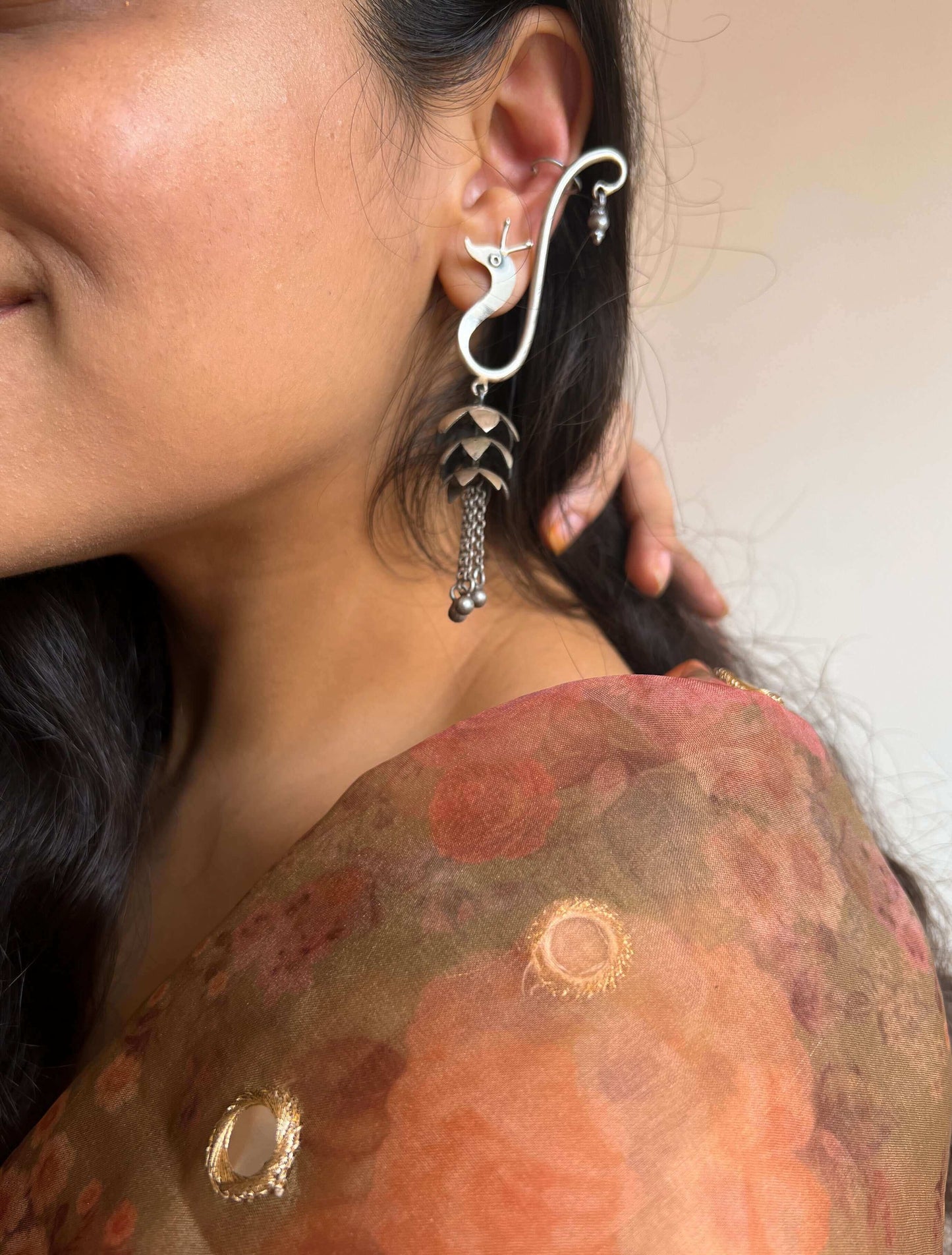 Mihira oxidised silver swan earcuffs