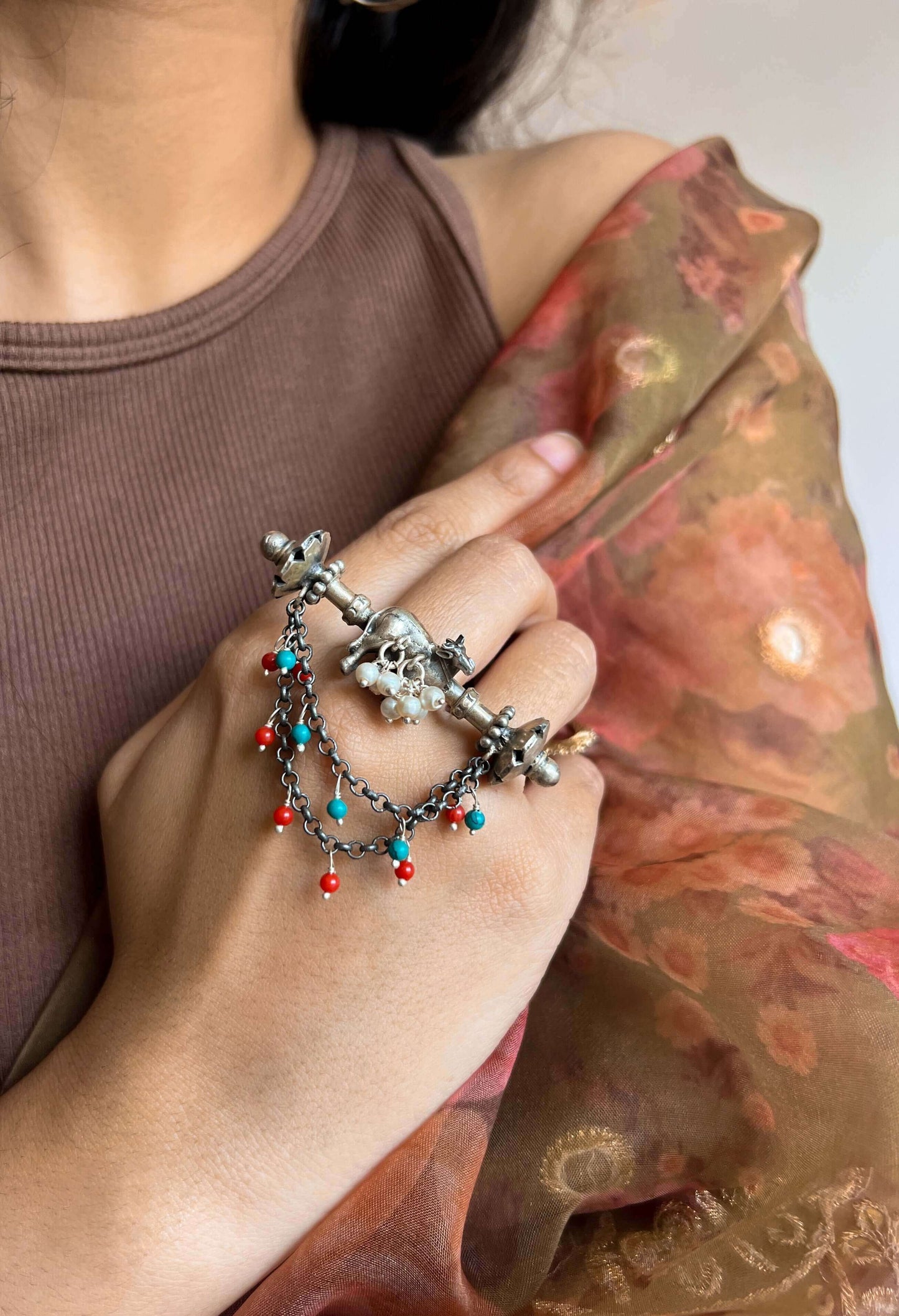 Nandika oxidised silver ring with pearl and chain detail