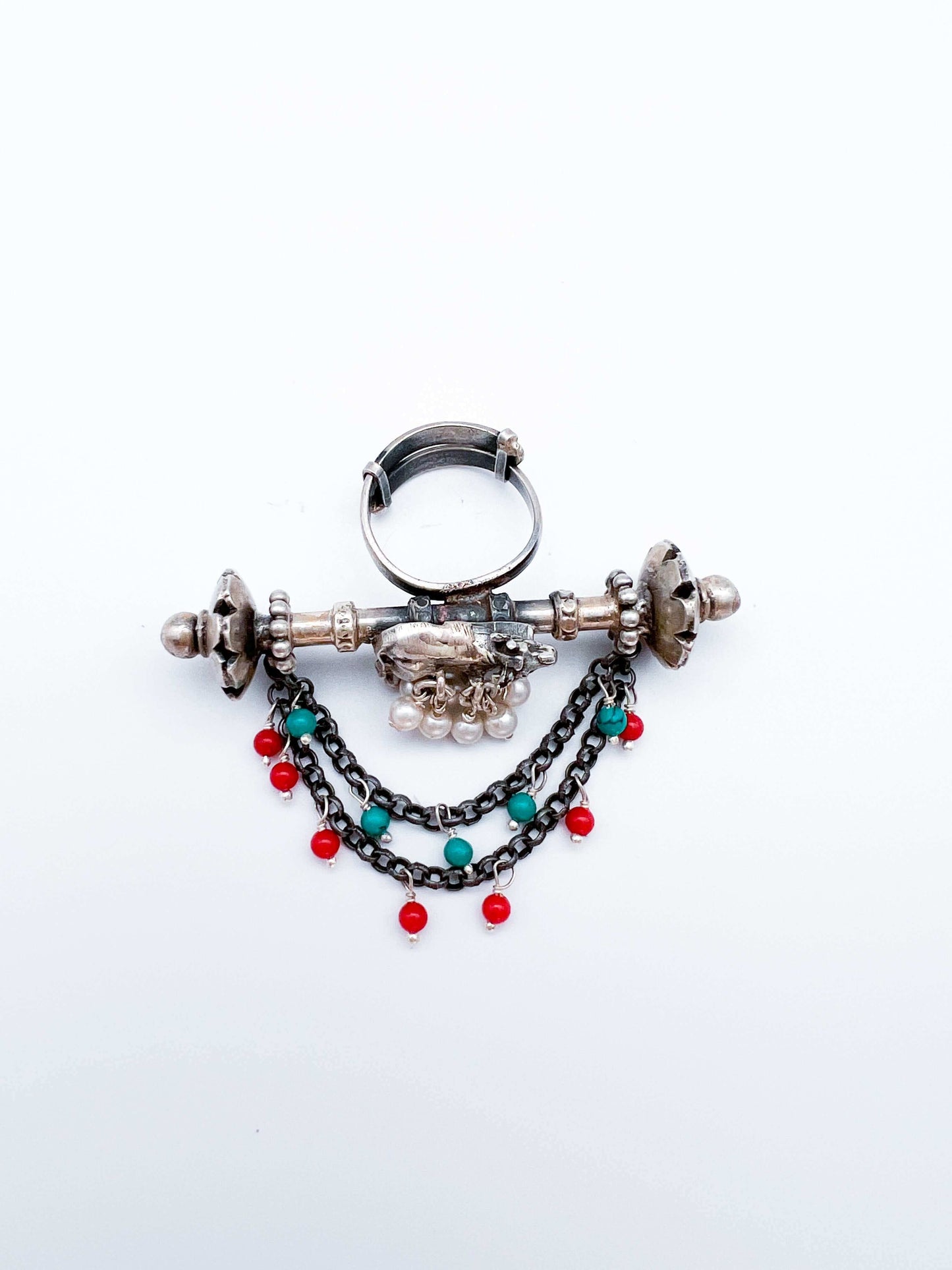 Nandika oxidised silver ring with pearl and chain detail