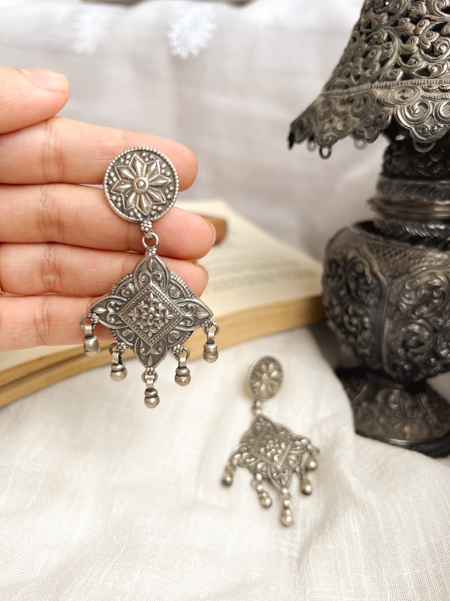 Chausar oxidised silver danglers