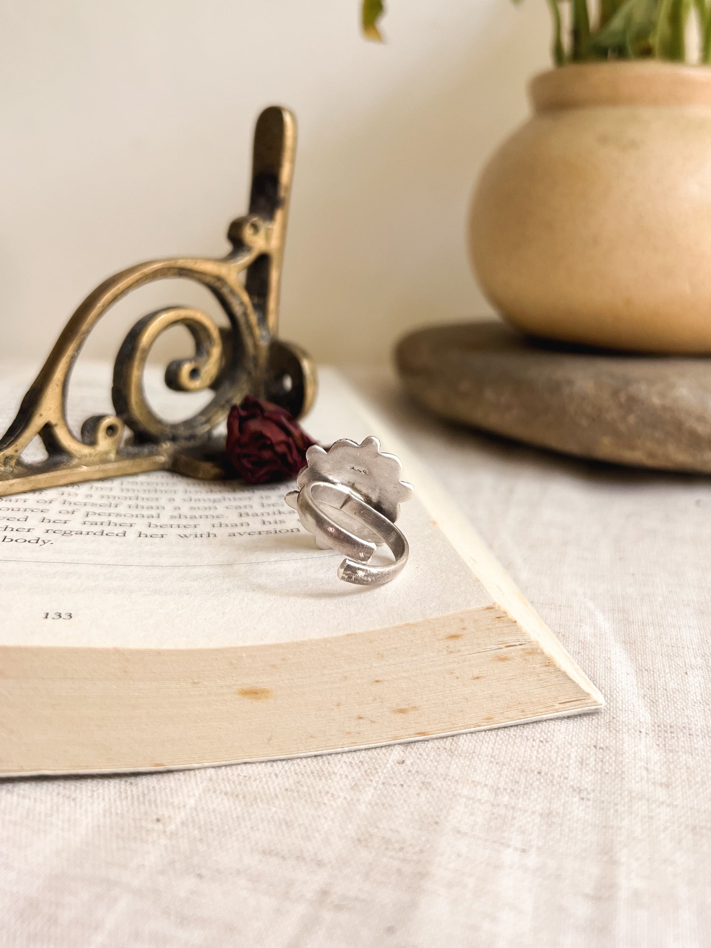 Dhara oxidised silver ring with malachite stone (adjustable)