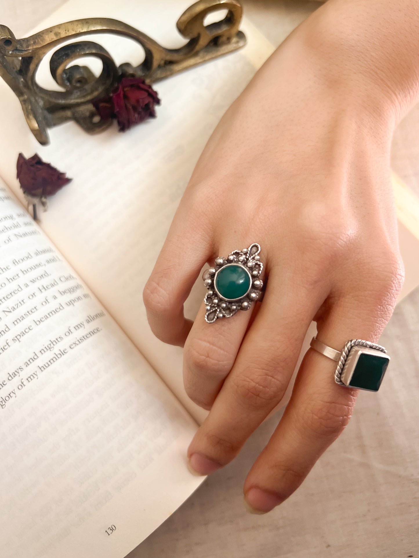 Mandala oxidised silver ring with green onyx (adjustable)