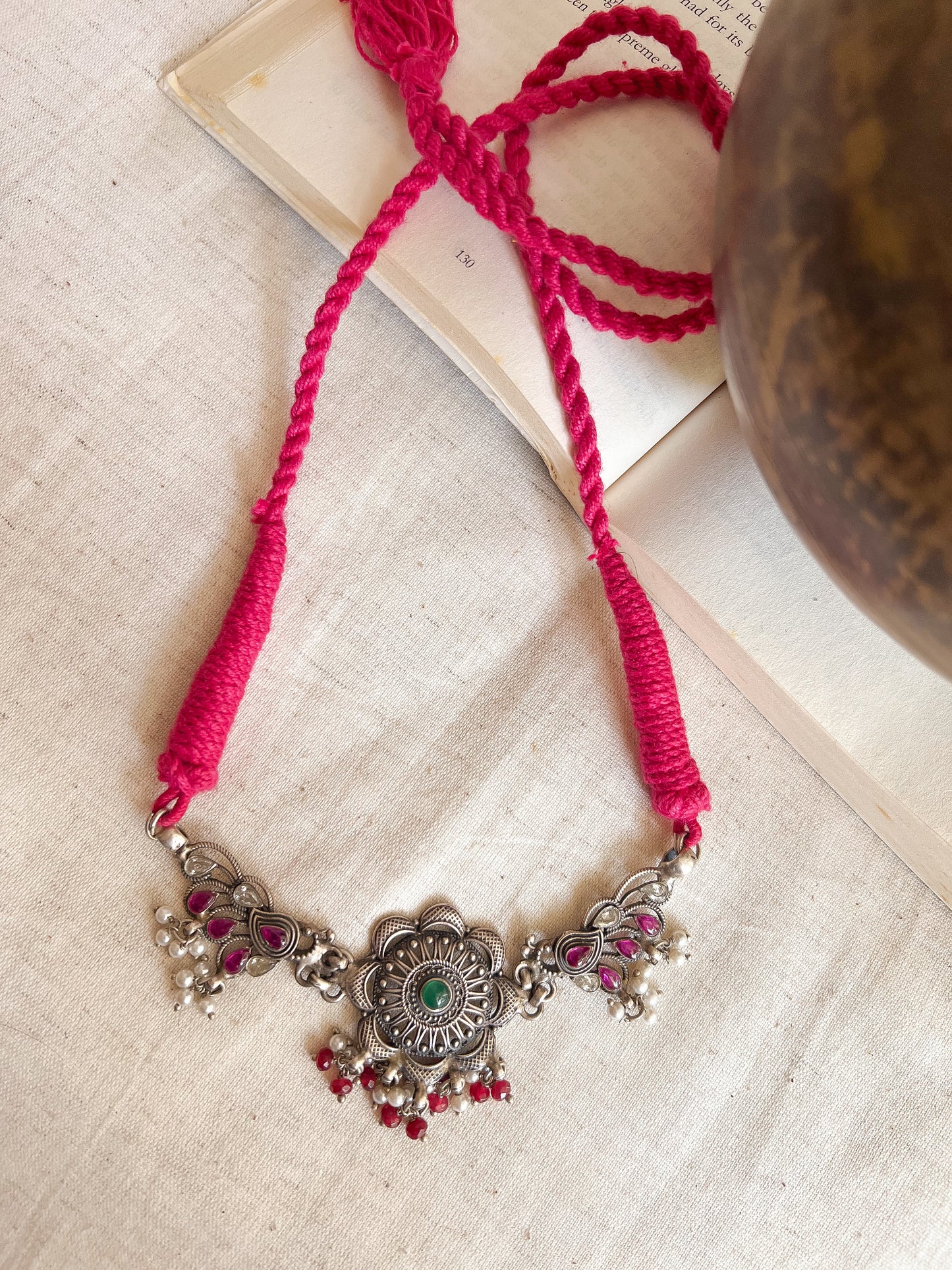 Mayur silver choker with ruby cluster pearls and jade stones