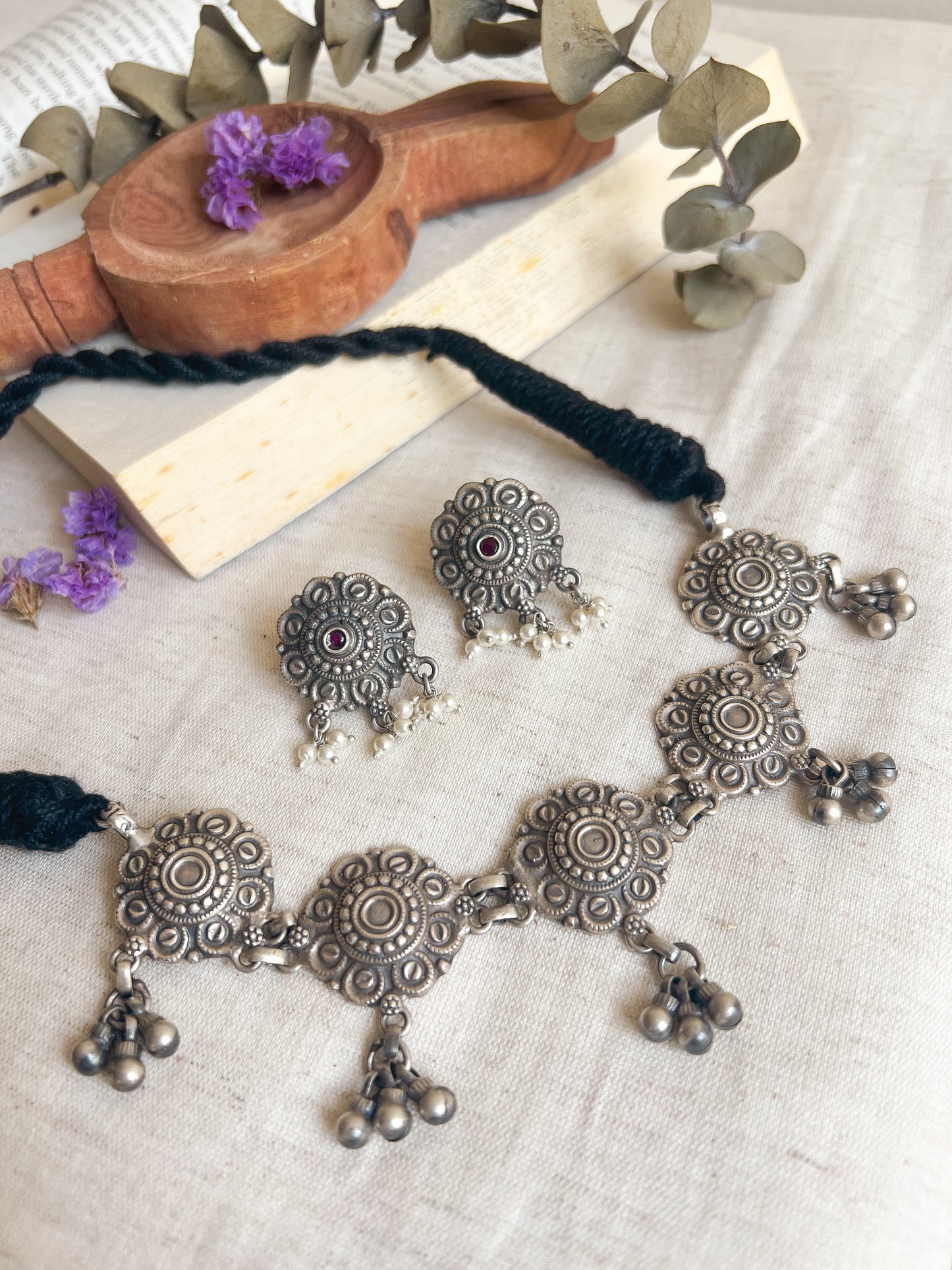 Zahra oxidised silver studs with cluster pearls