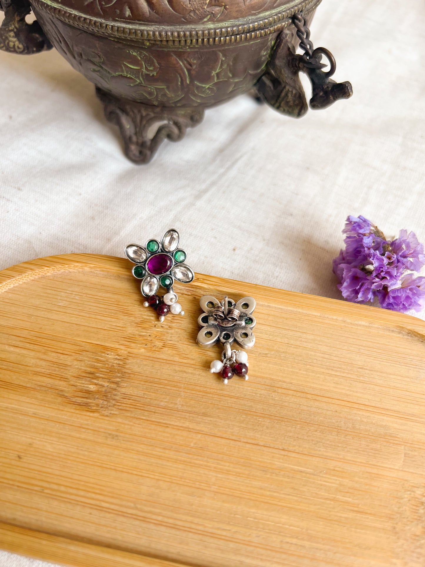 Mayur silver kundan studs with ruby cluster pearls