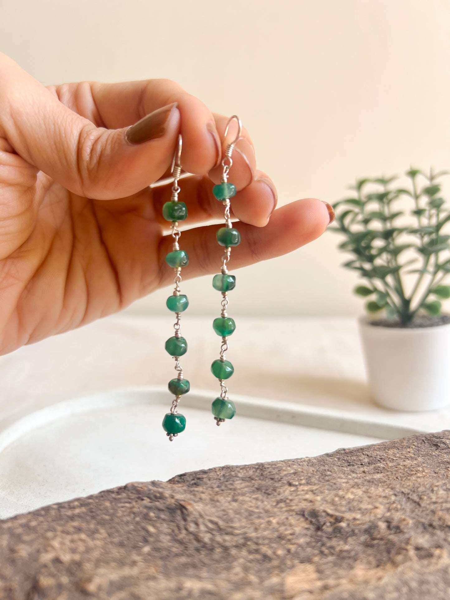 Bela silver danglers with green jade stone