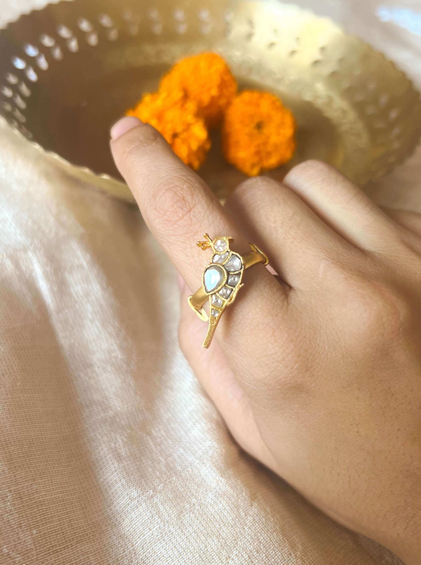 Chiraiya gold plated silver ring in polki
