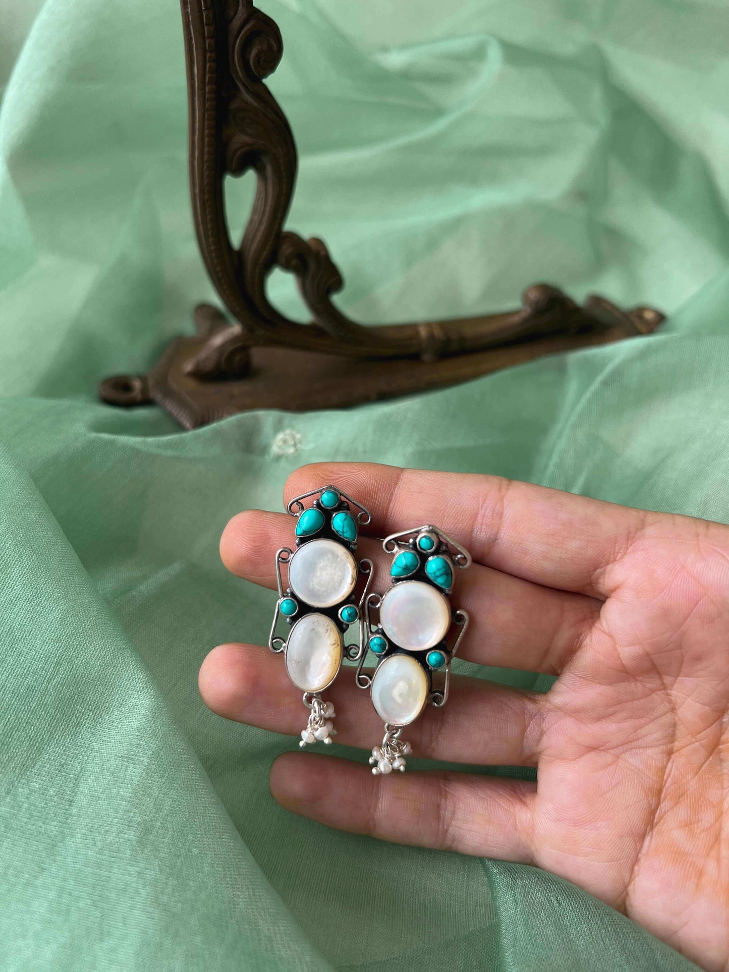 Saili oxidised silver earring with turq stone and shell
