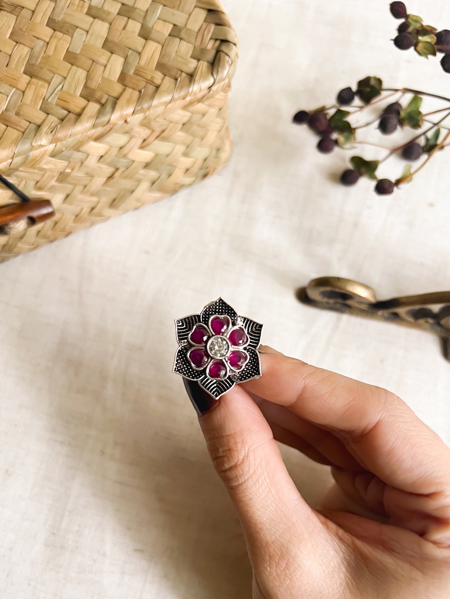 Sugandhi oxidised silver flower motif ring (adjustable)