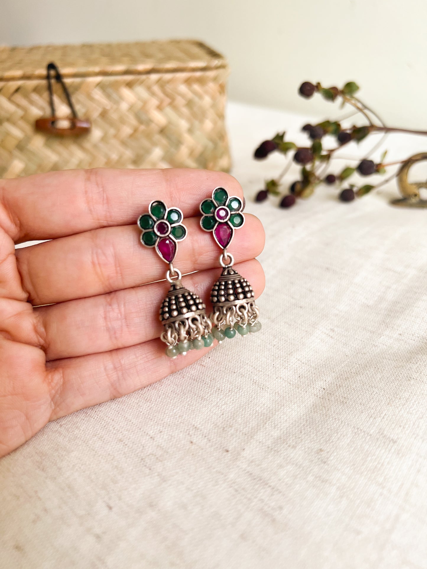 Kashi oxidised silver jhumka with colored glass stones