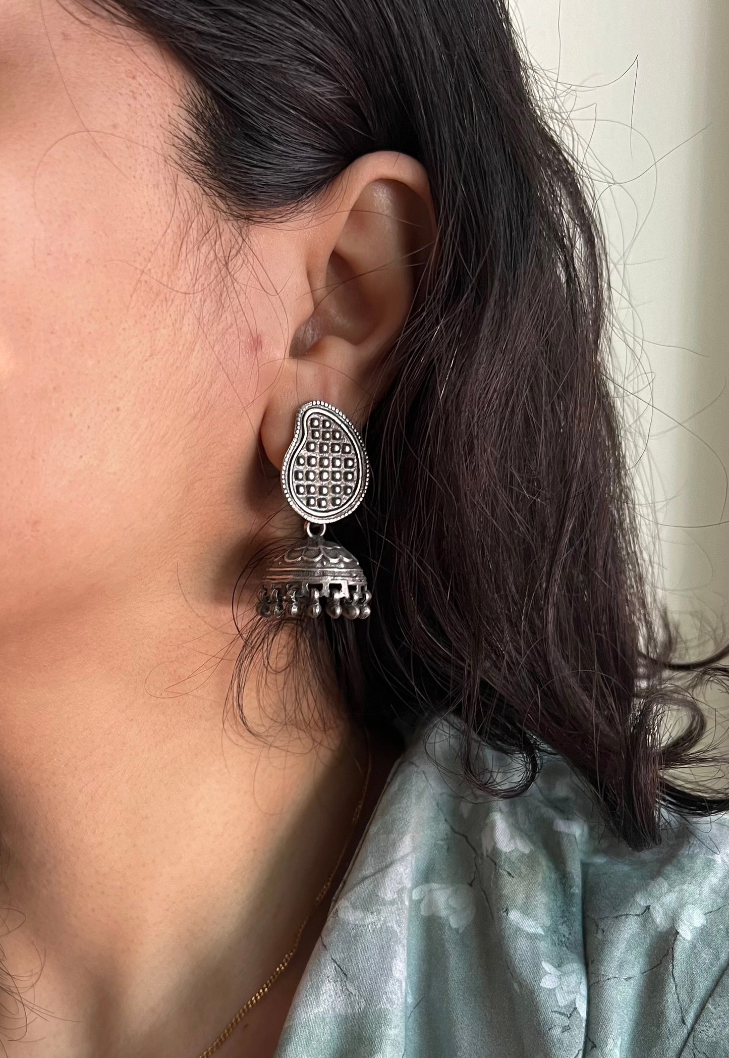 Keri jhumka in oxidised silver