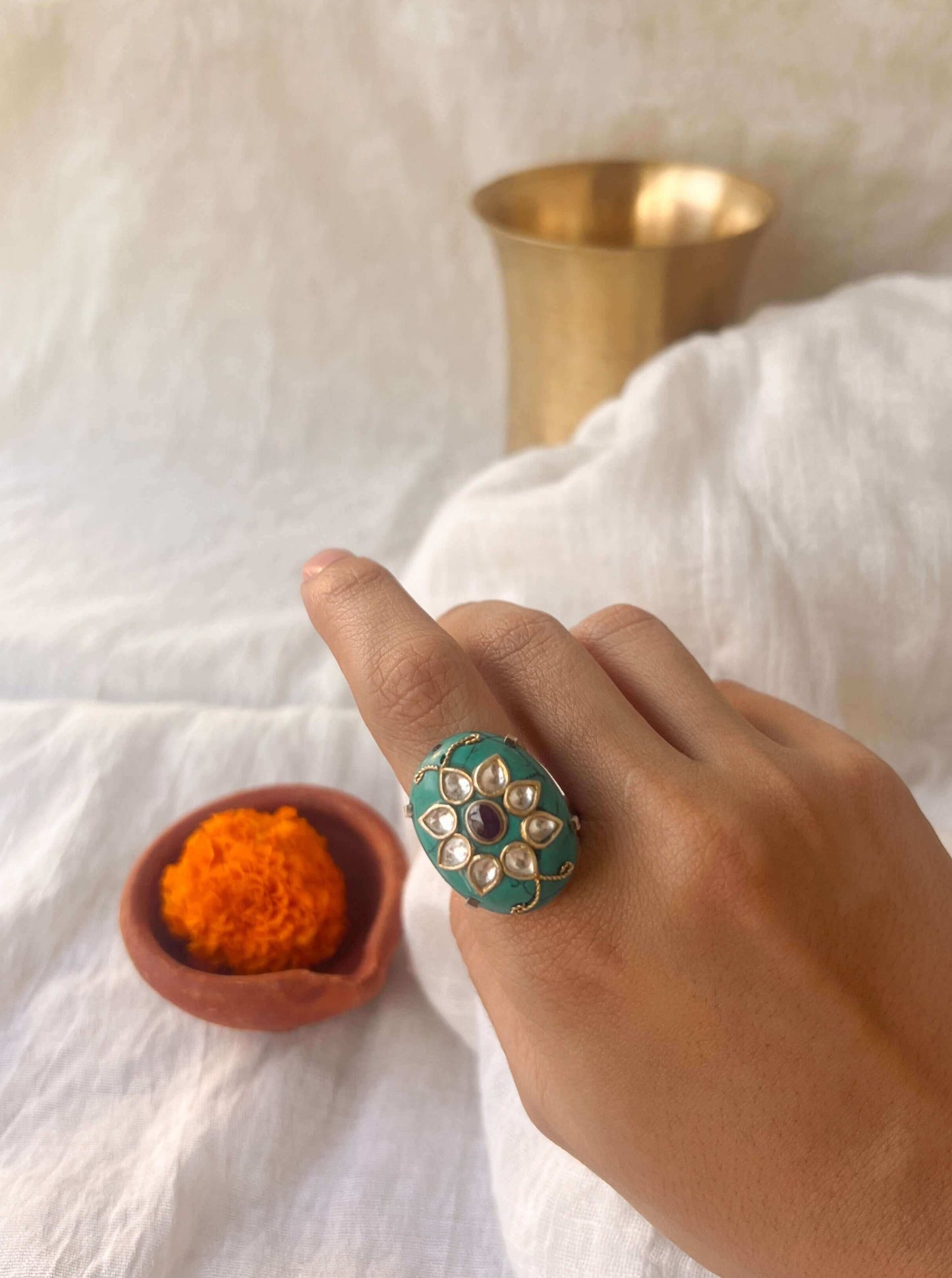 Firoza turquoise stone silver ring with kundan detail