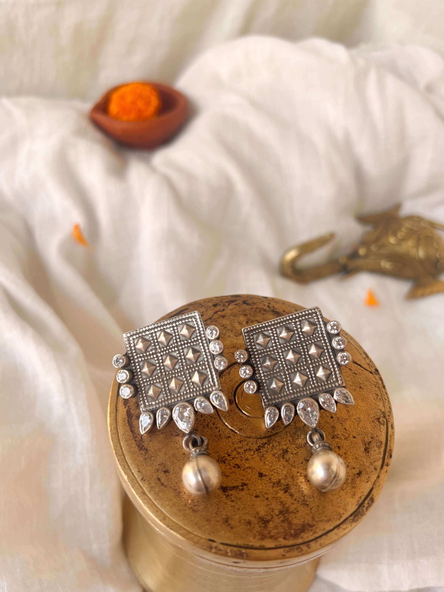 Chausar oxidised silver earring with zircons , silver bead