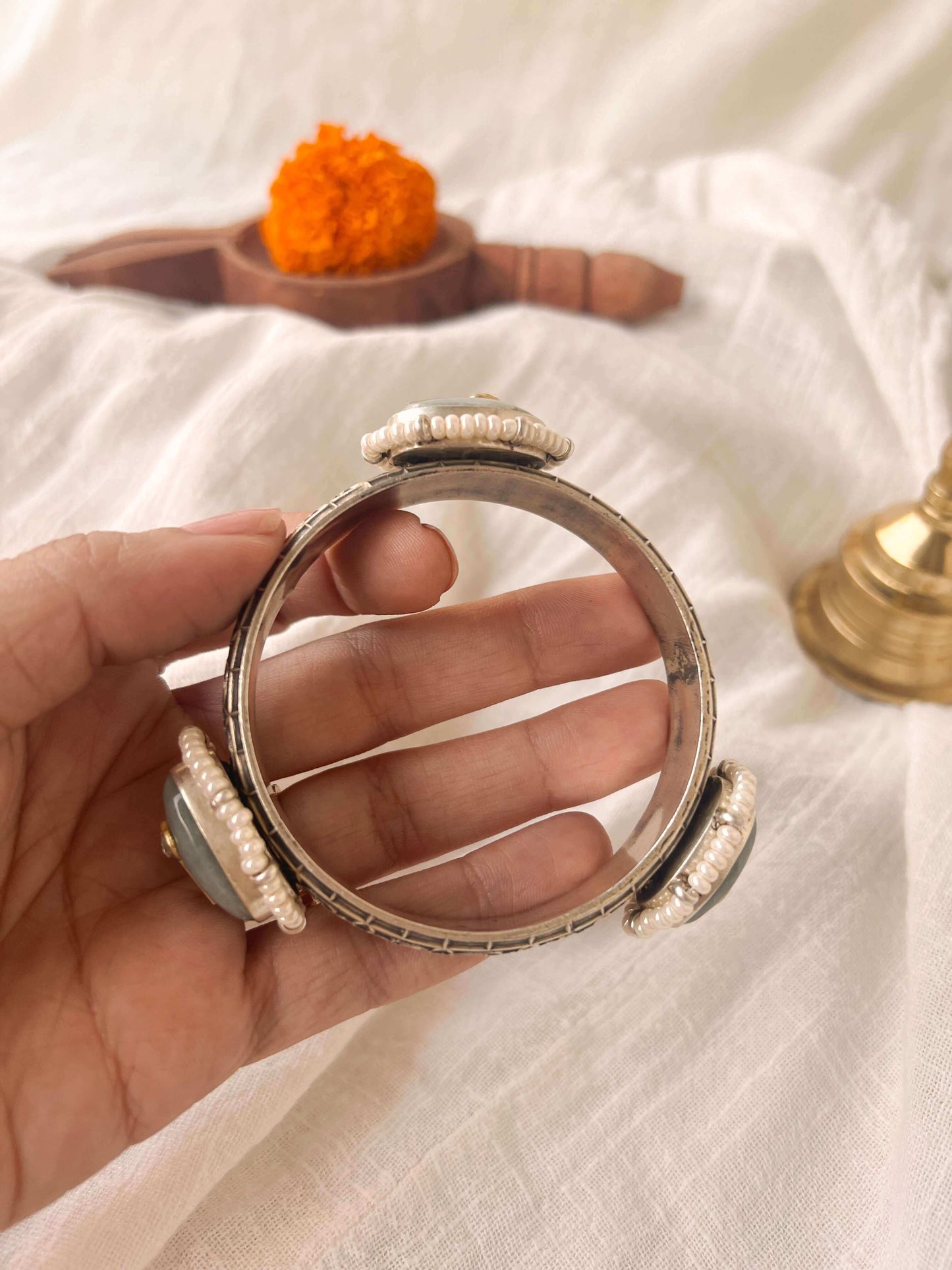 Roma oxidised silver kada with blue chalcedony stone