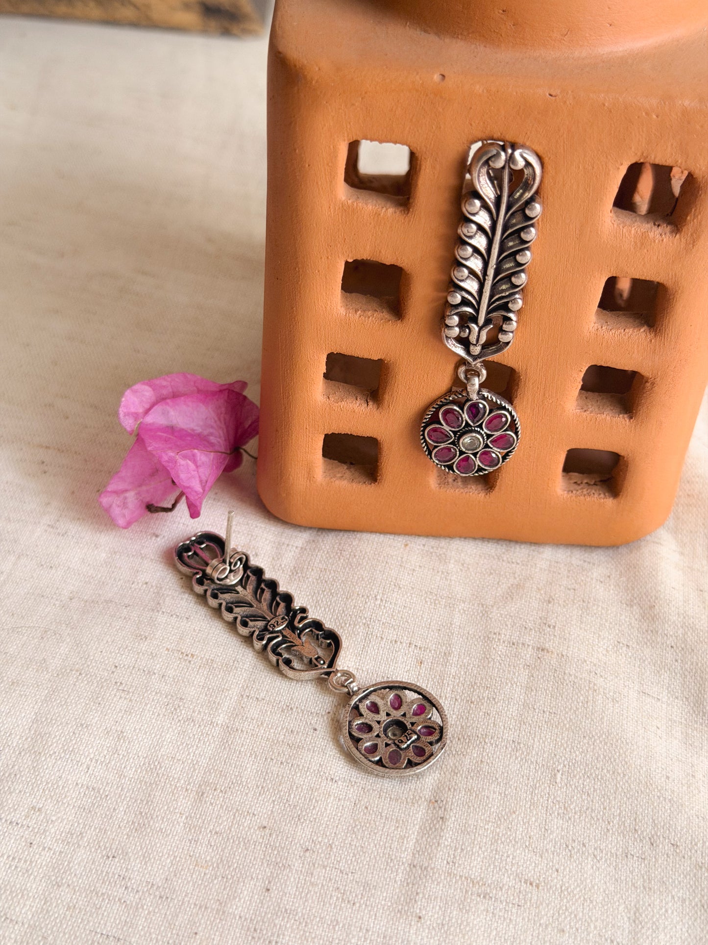 Gunjan oxidised silver earrings with ruby kundan drop