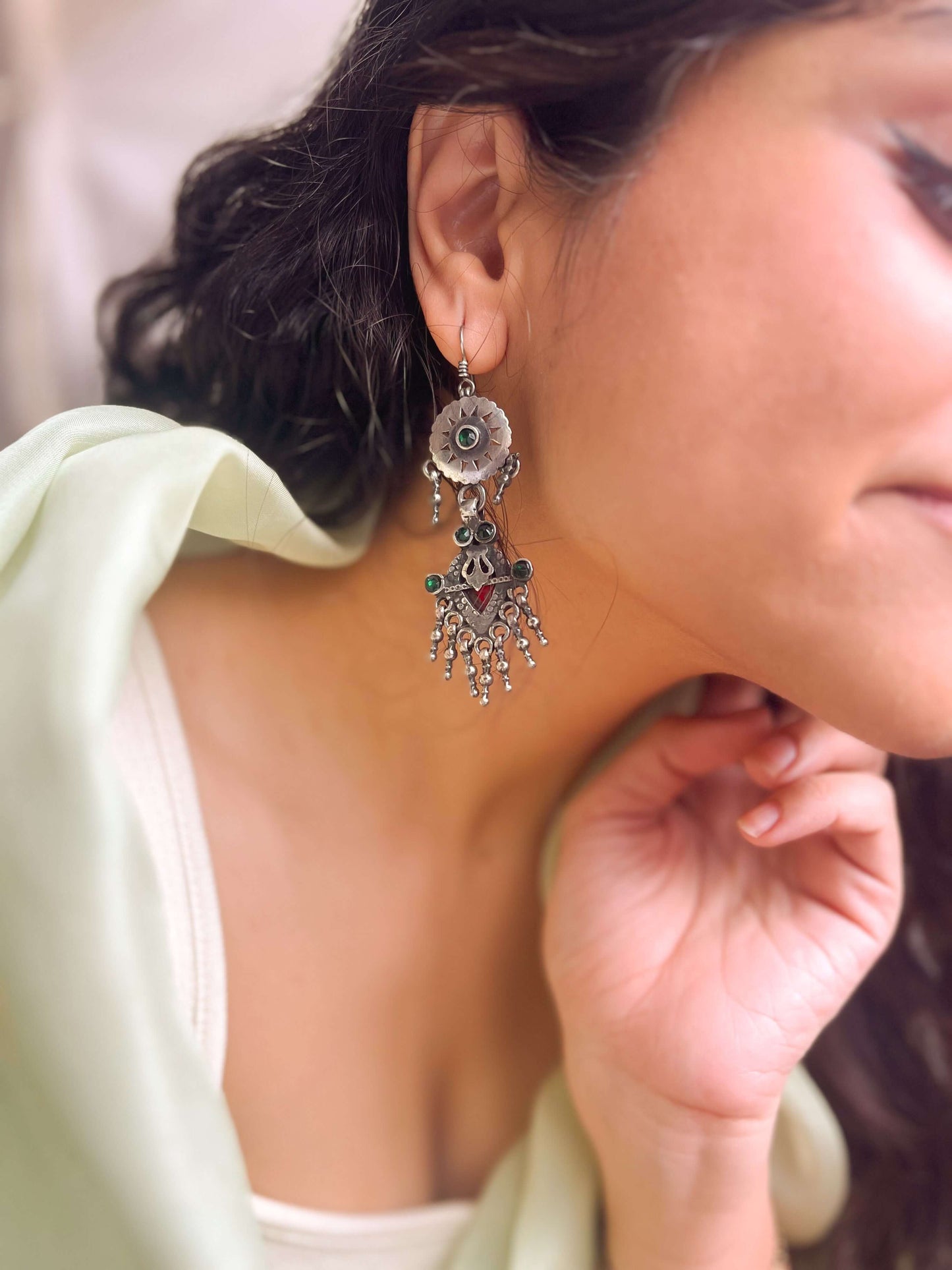 Fiza oxidised silver danglers with green and red onyx