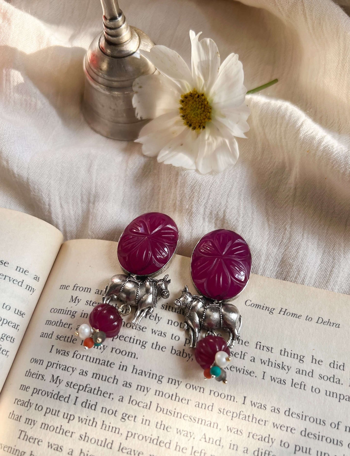 Vrishubha silver earring with red quartz