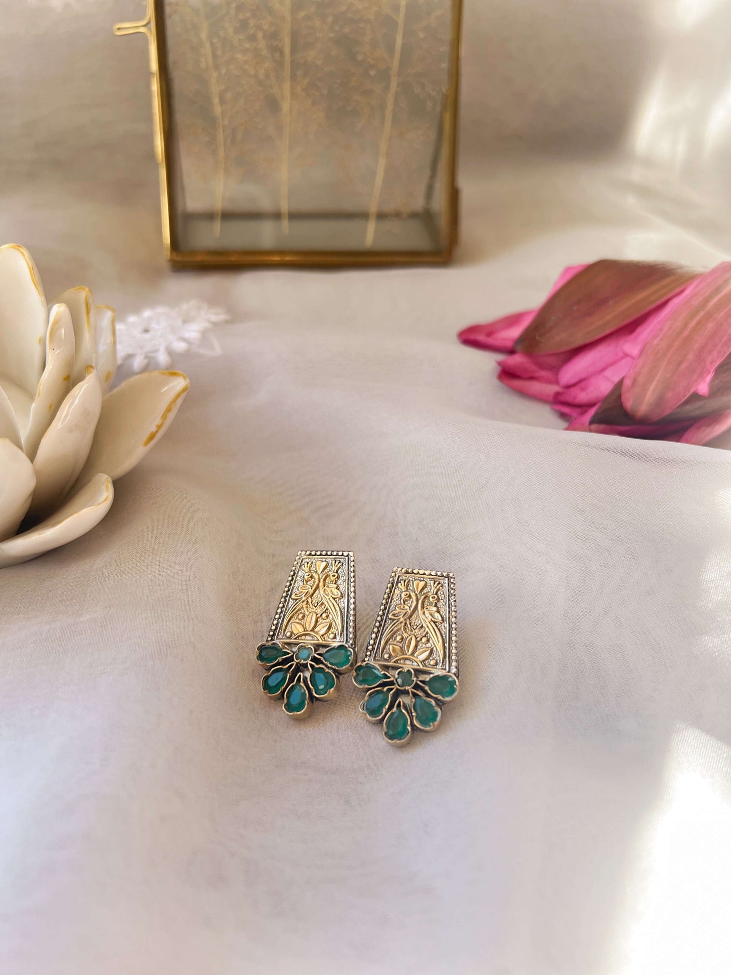 Mahira dual tone studs in silver with green onyx