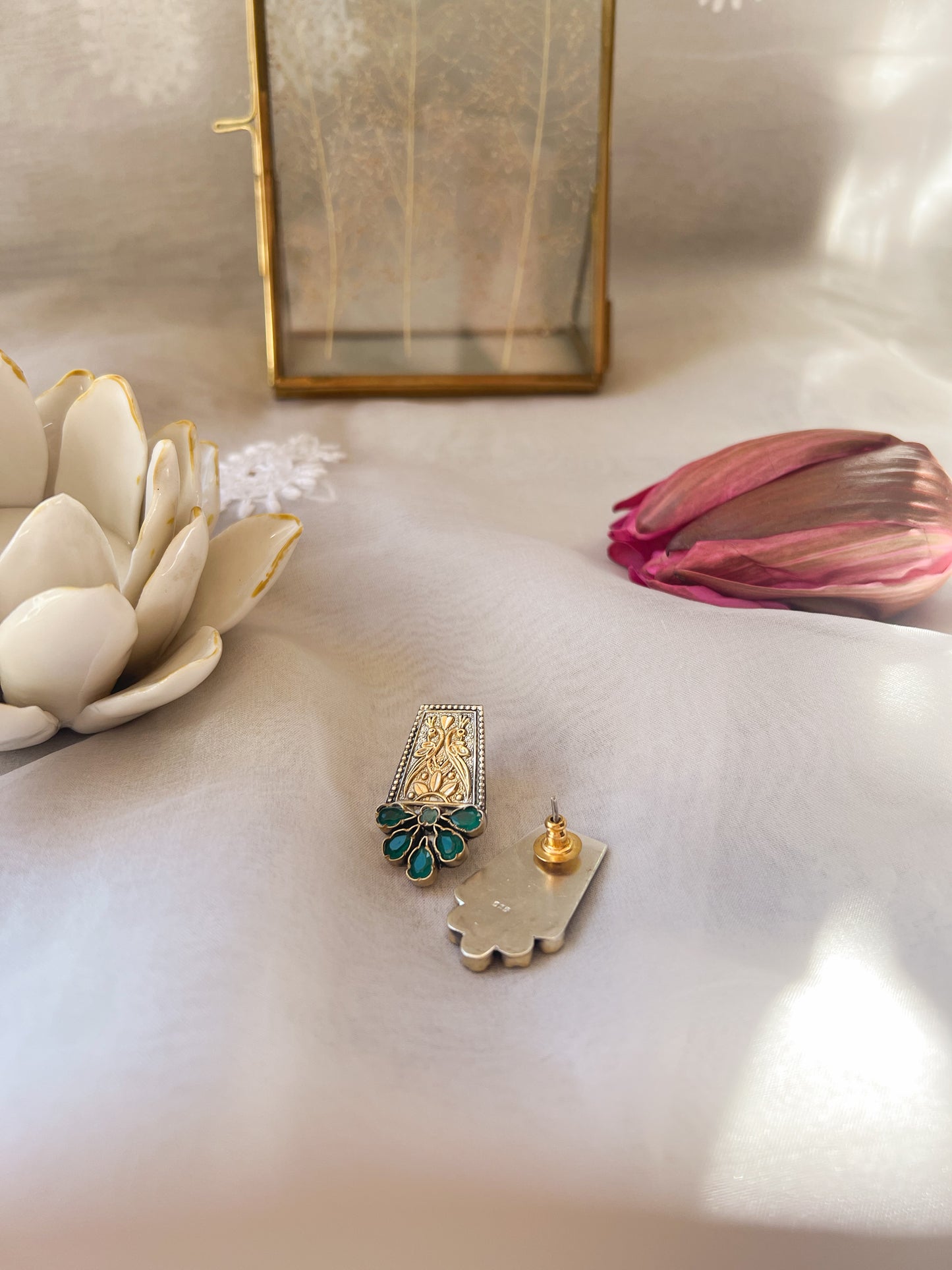 Mahira dual tone studs in silver with green onyx