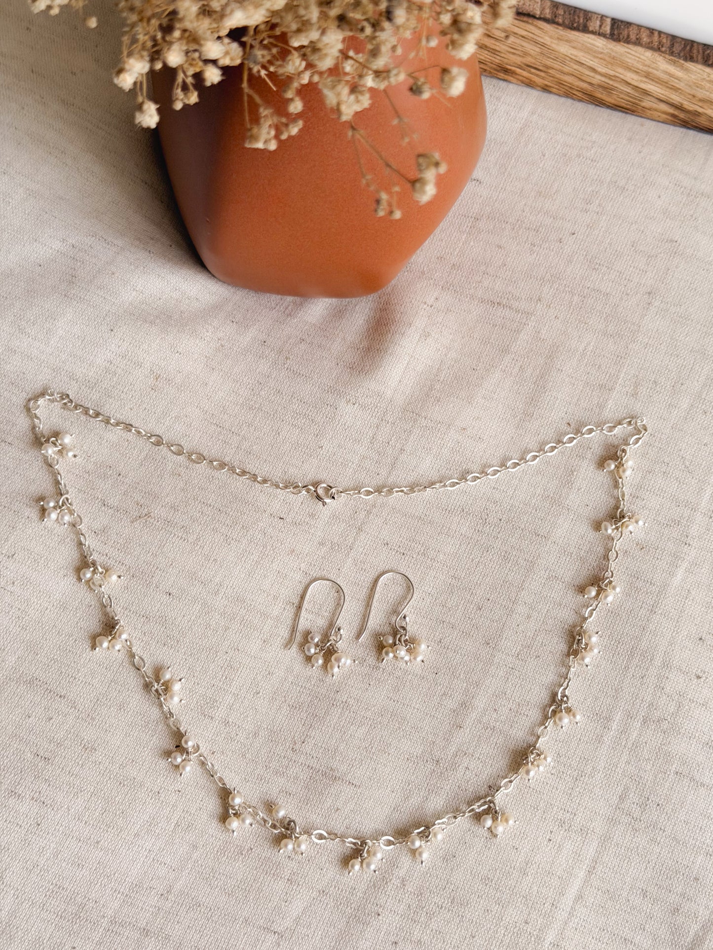 Nayanika cluster pearl chain necklace set in sterling silver (with earrings)