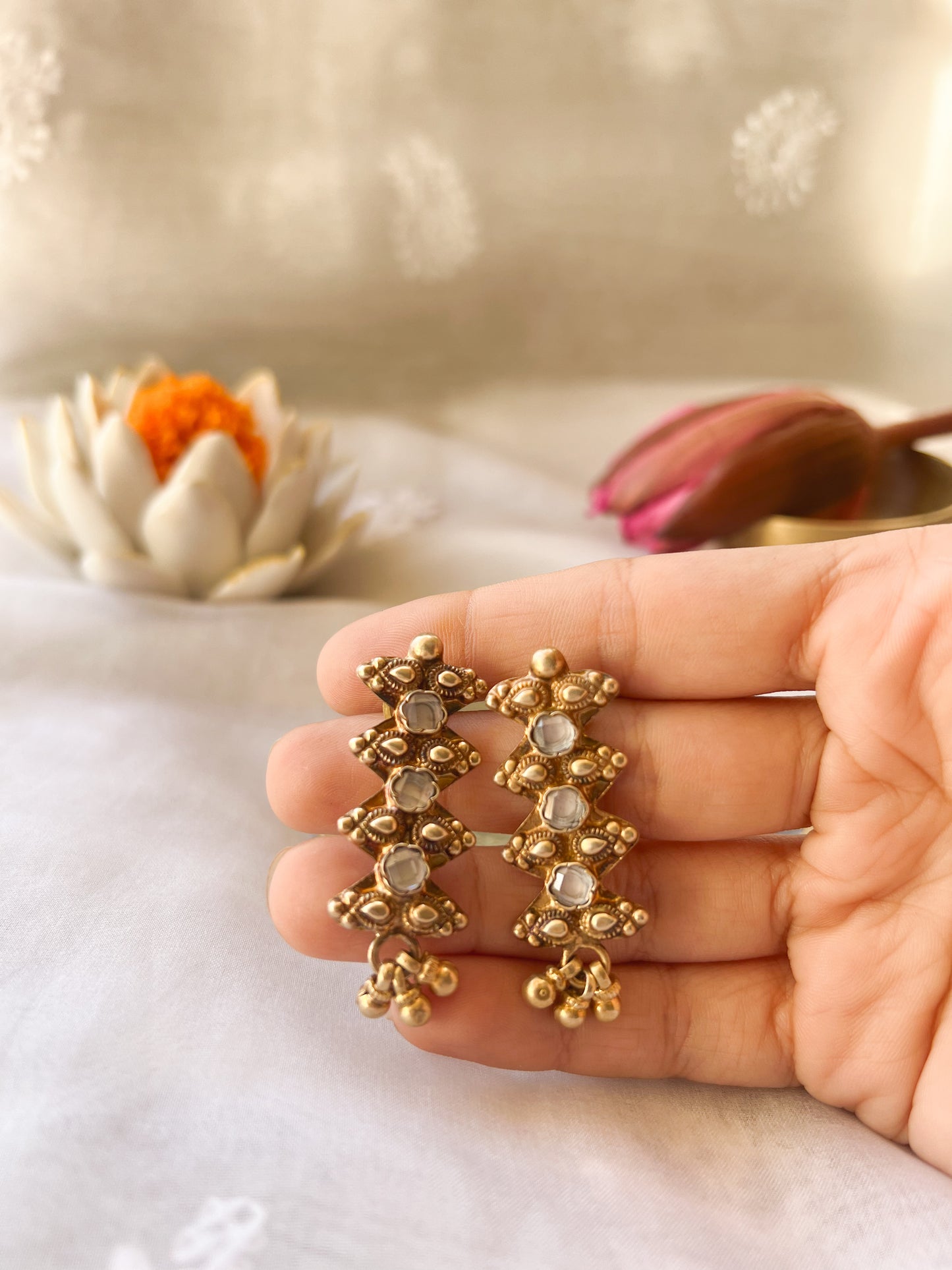 Siara gold plated silver earring with white onyx and ghunghroo