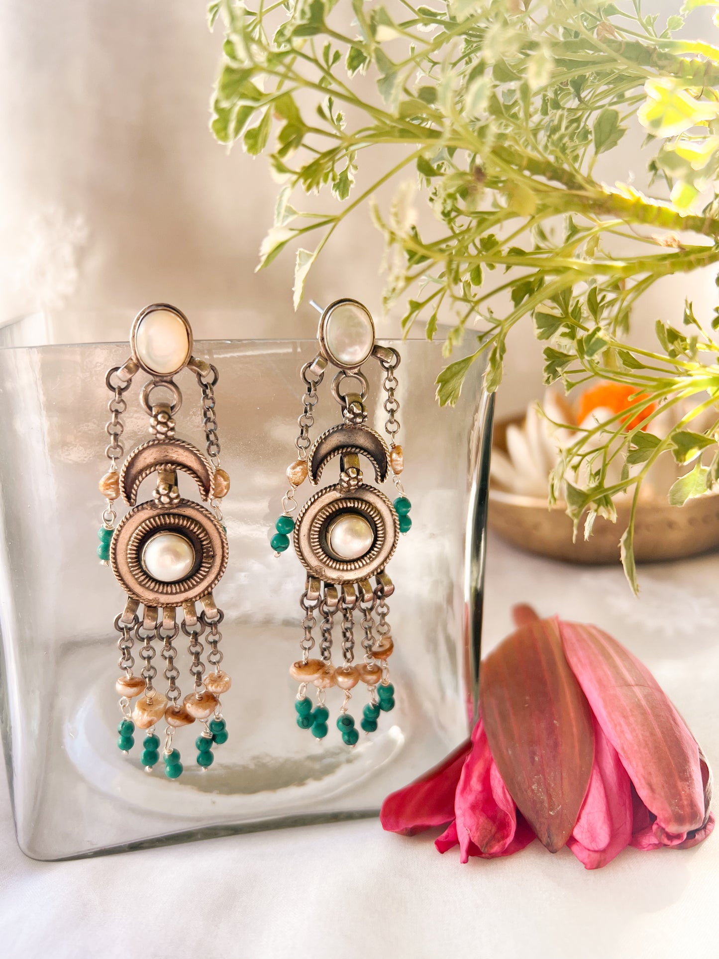 Meher oxidised silver danglers with natural pearl and turq beads