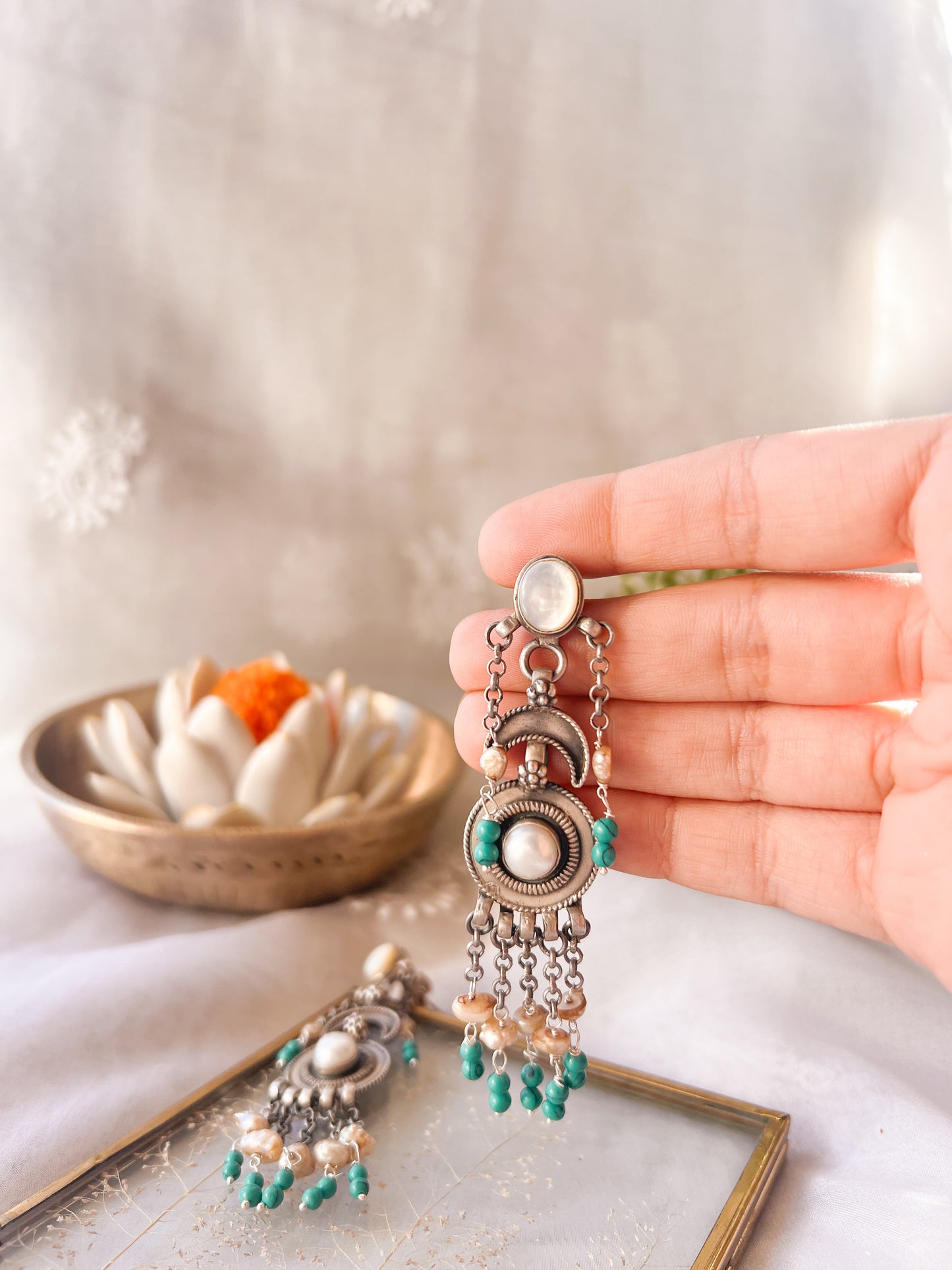 Meher oxidised silver danglers with natural pearl and turq beads
