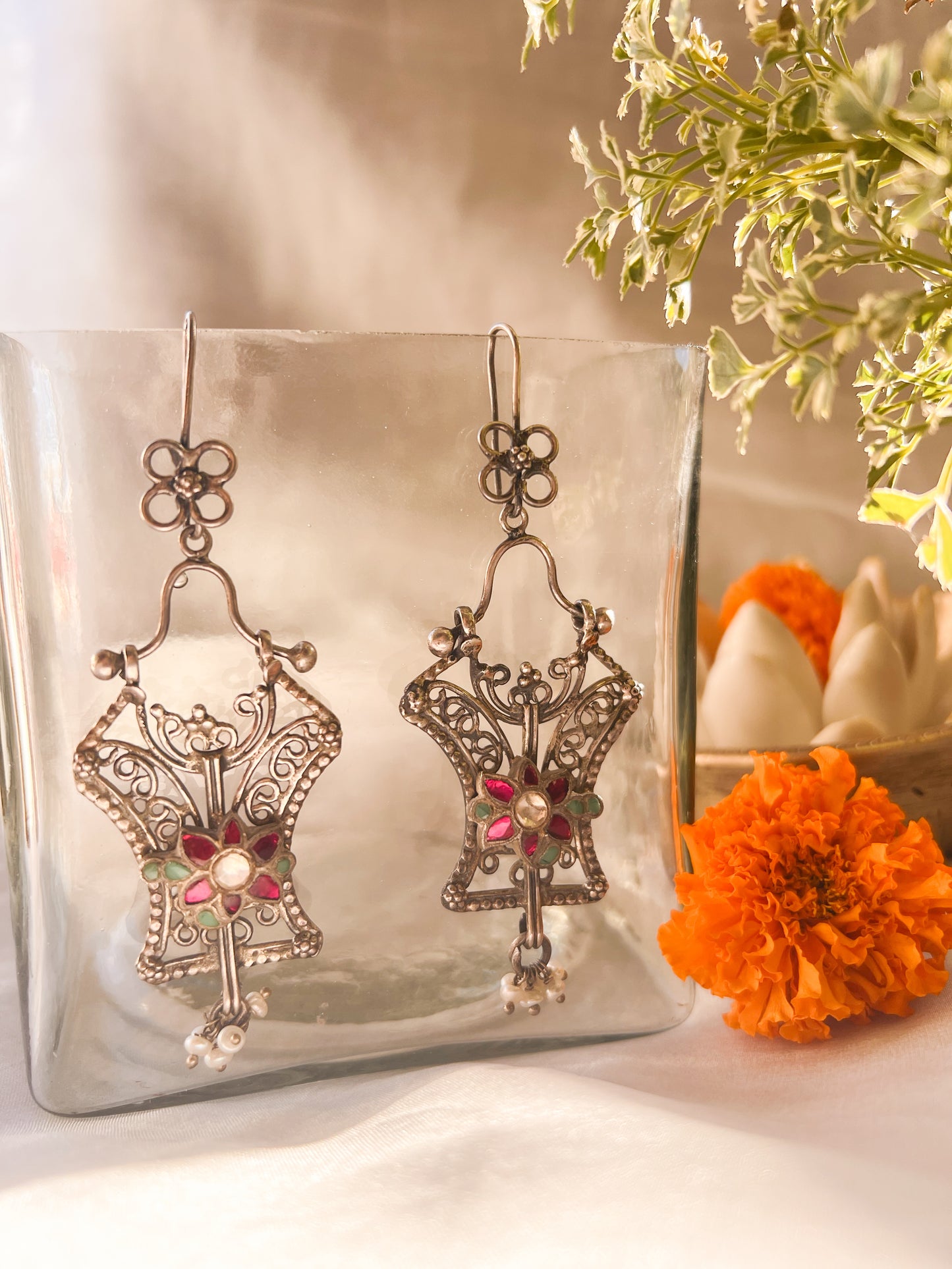 Mokshi oxidised silver danglers with cluster pearls and kundan detail