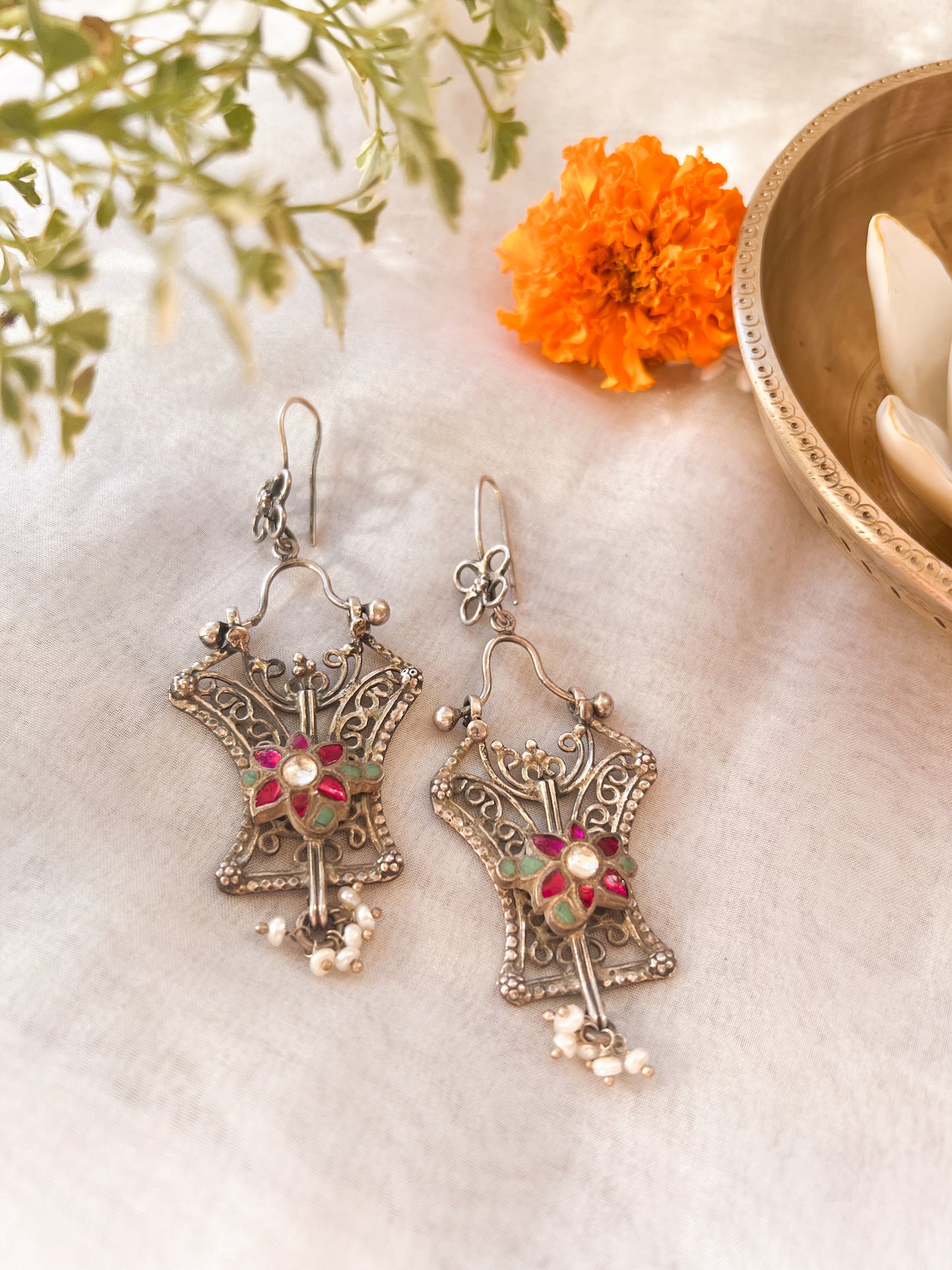 Mokshi oxidised silver danglers with cluster pearls and kundan detail
