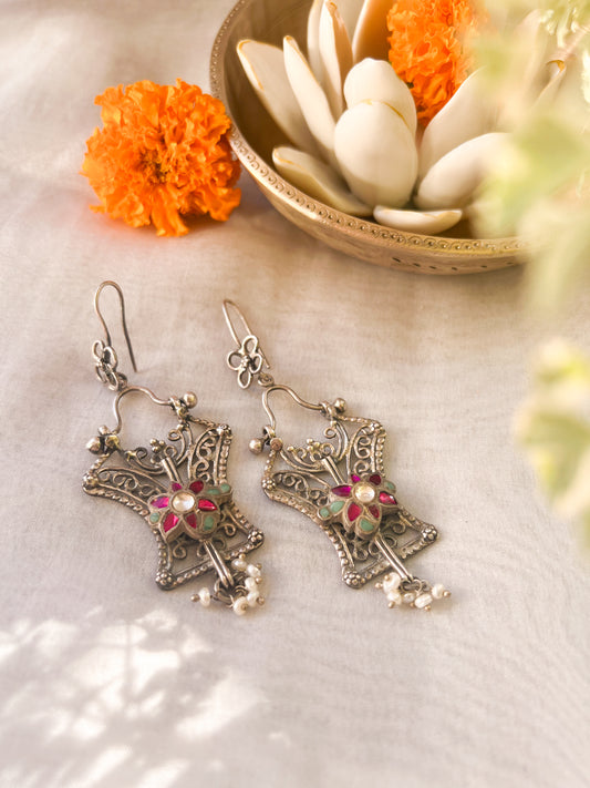 Mokshi oxidised silver danglers with cluster pearls and kundan detail
