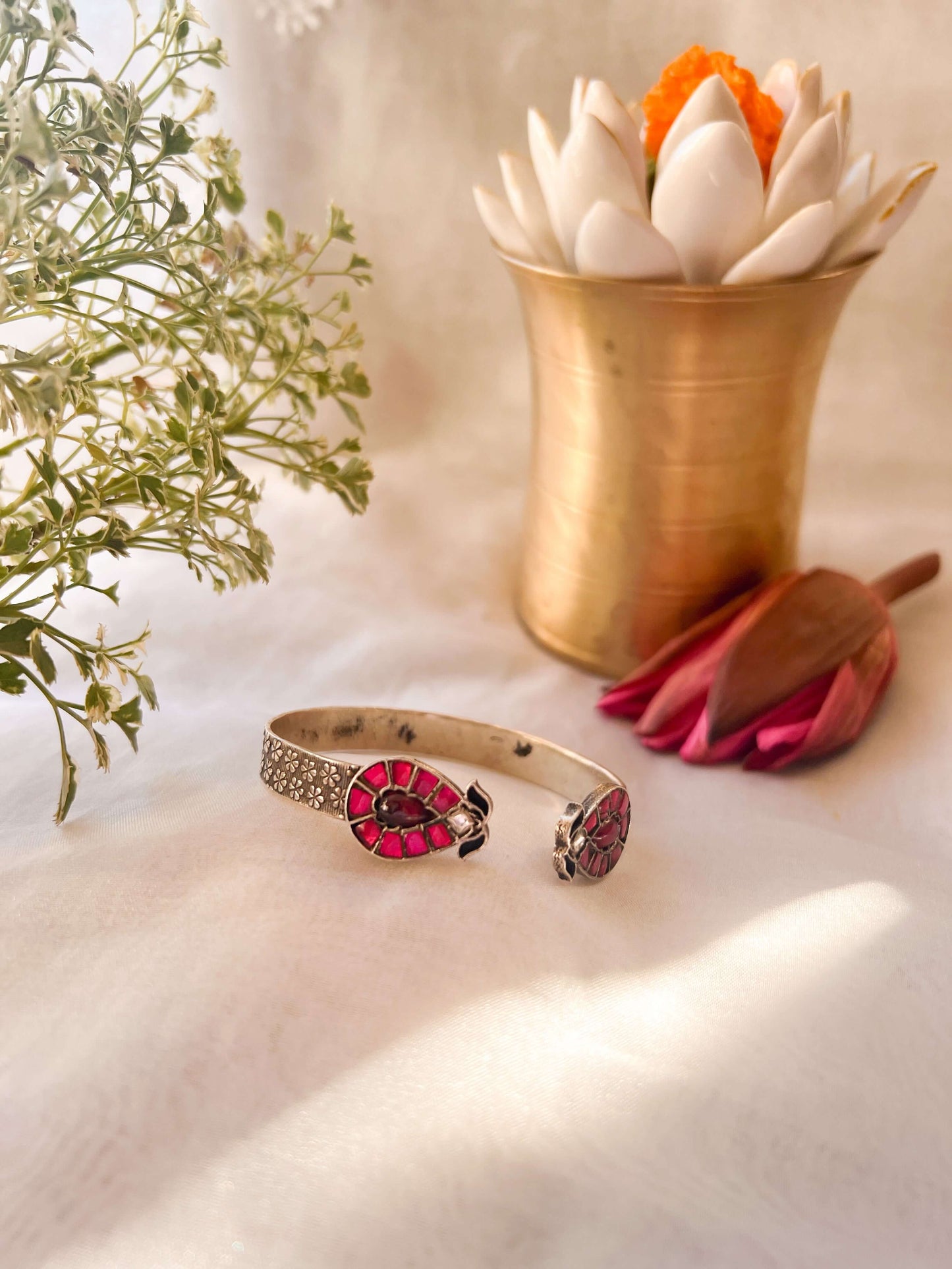 Pranika oxidised silver kada with ruby pink onyx